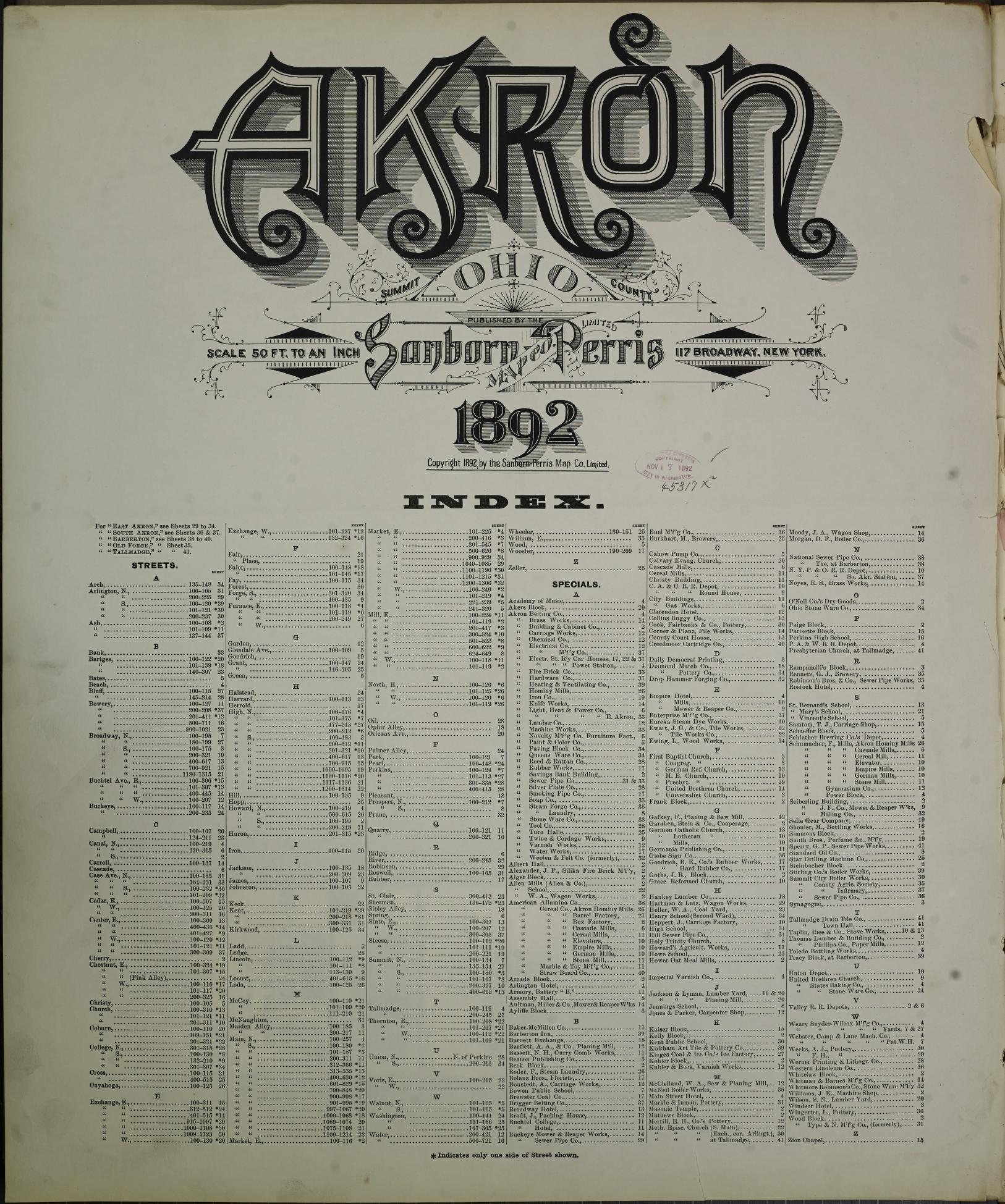 Sanborn Fire Insurance Map from Akron, Summit County, Ohio. (1892) – Historic Sanborn Fire Insurance Map Print