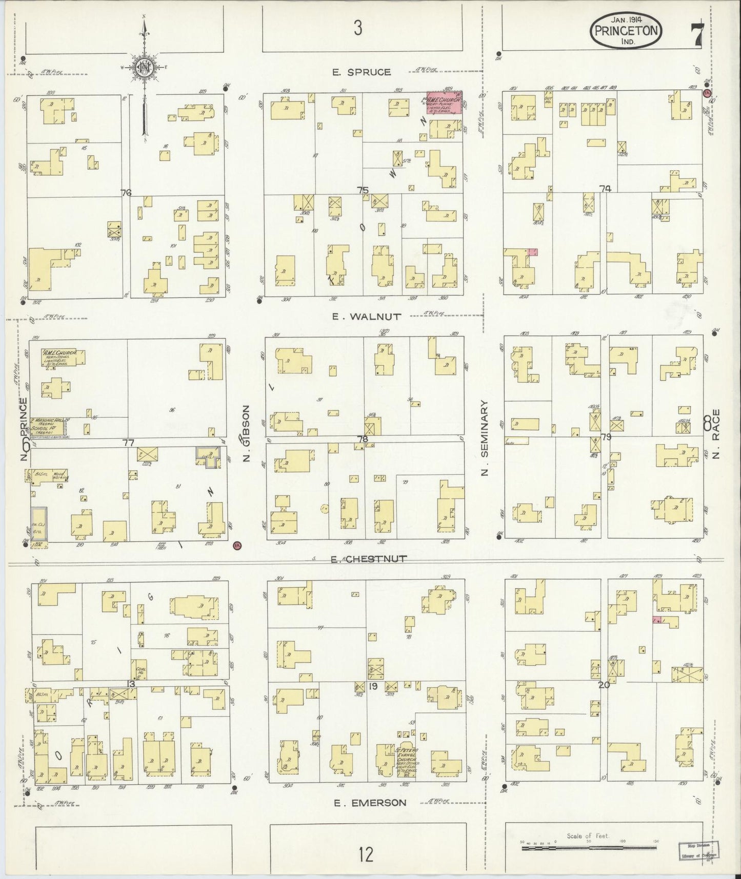 Sanborn Fire Insurance Map from Princeton, Gibson County, Indiana (1914), Sheet #0007 - Historic Sanborn Fire Insurance Map Print, vintage old map wall art, antique decor, genealogy gift, Indiana Indiana map