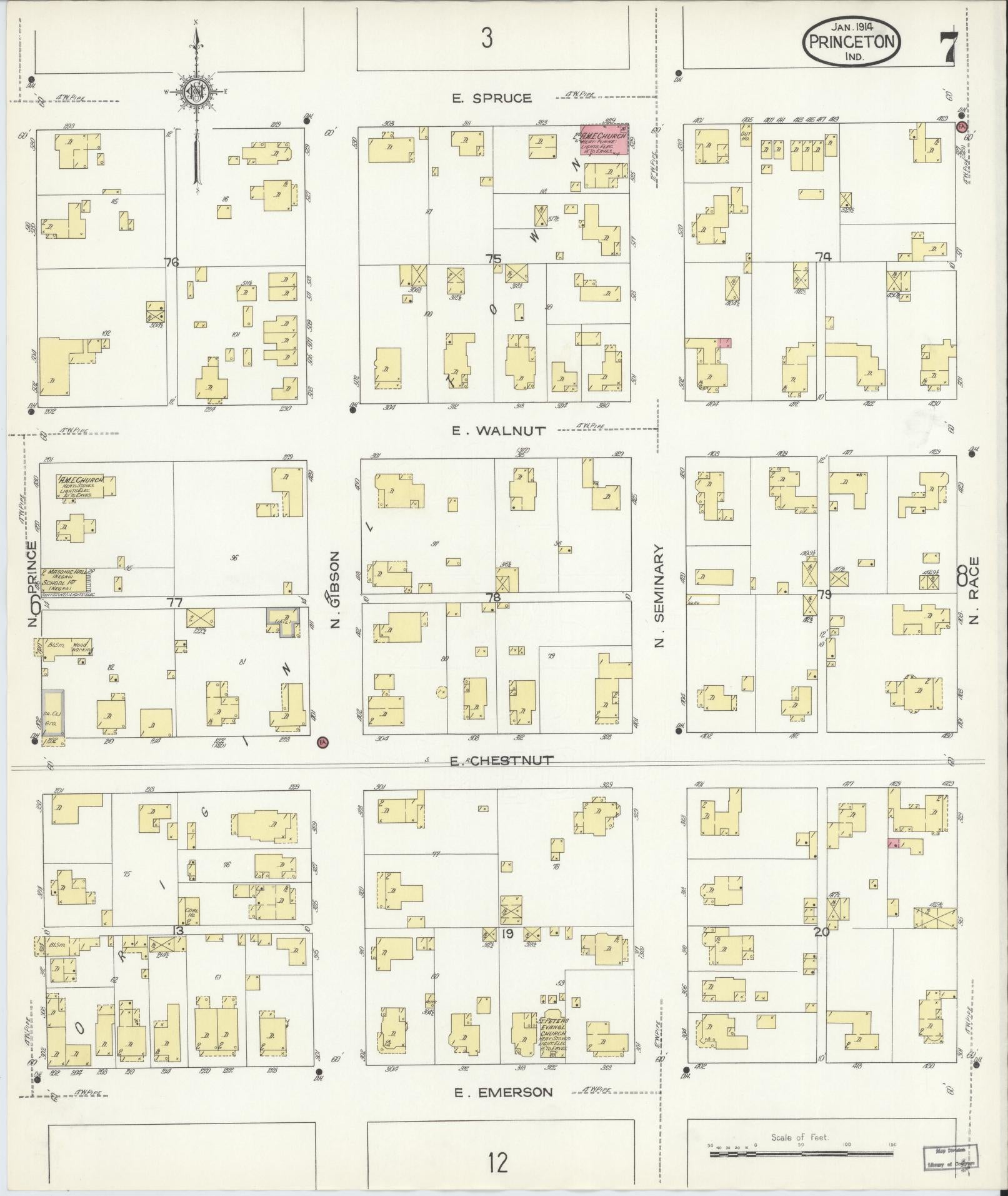 Sanborn Fire Insurance Map from Princeton, Gibson County, Indiana (1914), Sheet #0007 - Historic Sanborn Fire Insurance Map Print, vintage old map wall art, antique decor, genealogy gift, Indiana Indiana map