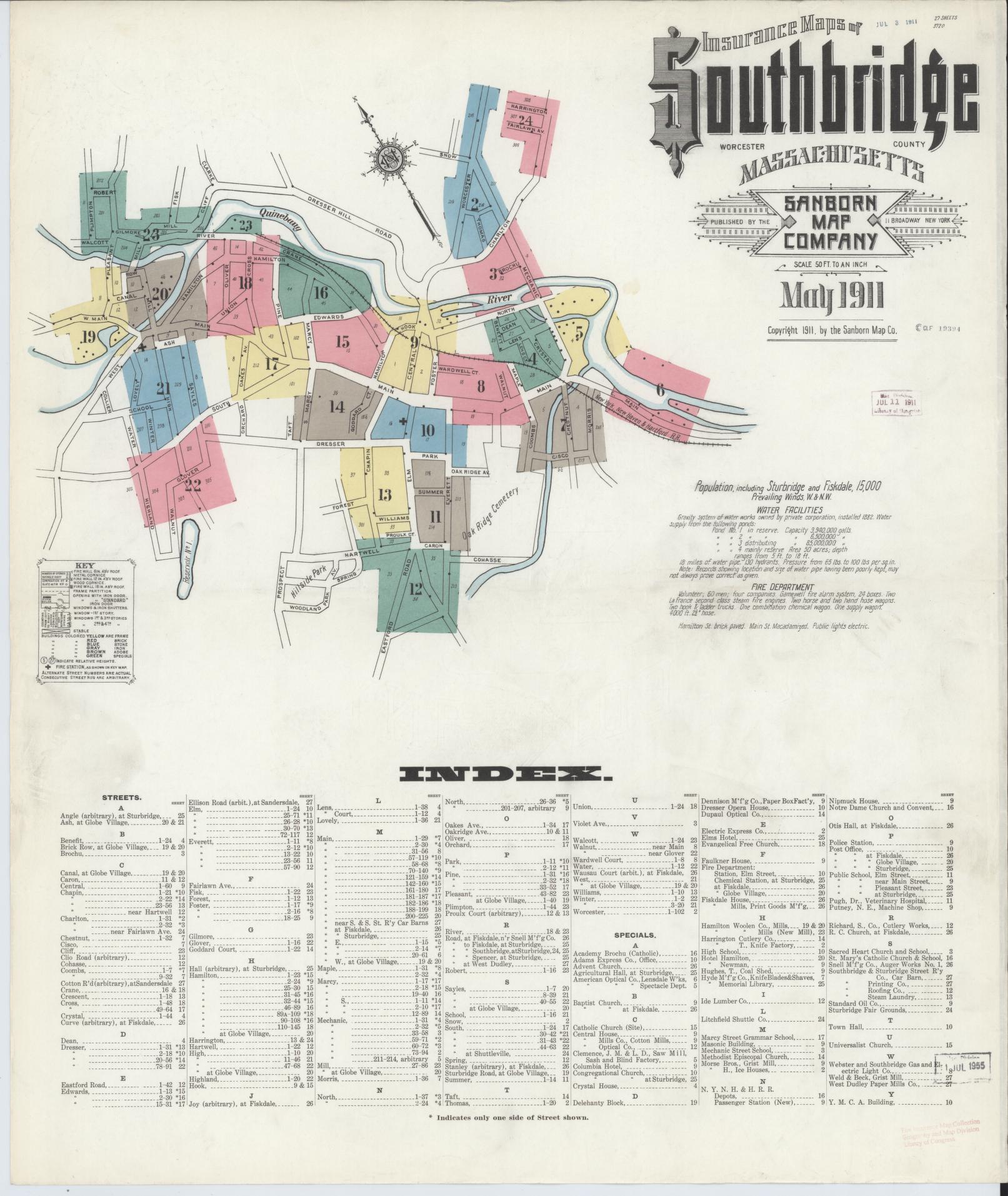 Sanborn Fire Insurance Map from Southbridge, Worcester County, Massachusetts (1911), Sheet #0001 - Historic Sanborn Fire Insurance Map Print, vintage old map wall art, antique decor, genealogy gift, Massachusetts Massachusetts map