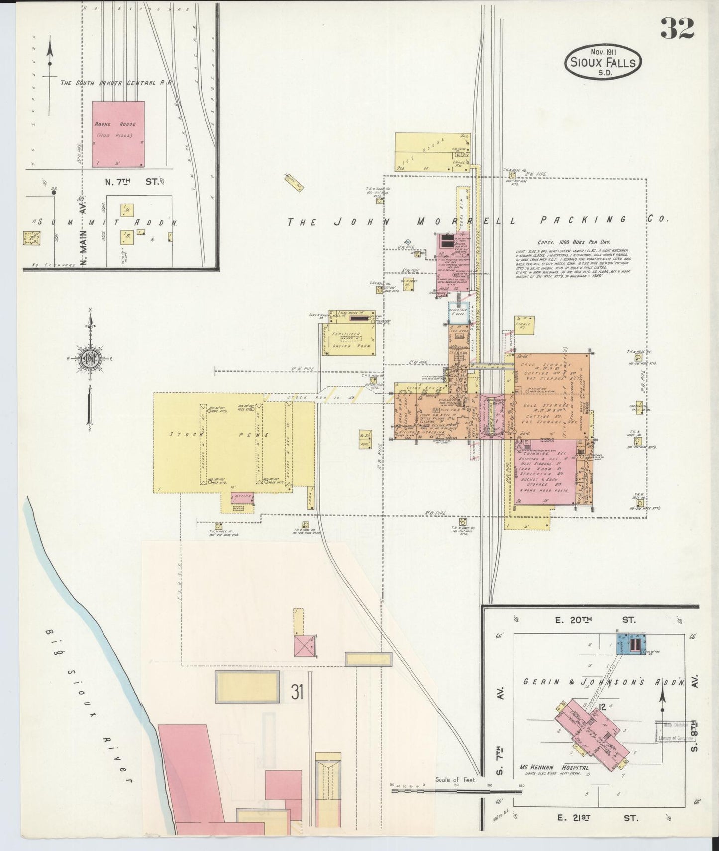 Sanborn Fire Insurance Map from Sioux Falls, Minnehaha County, South Dakota (1911), Sheet #0032 - Complete Map Set gallery image, historic Sanborn map, vintage wall art, South Dakota South Dakota