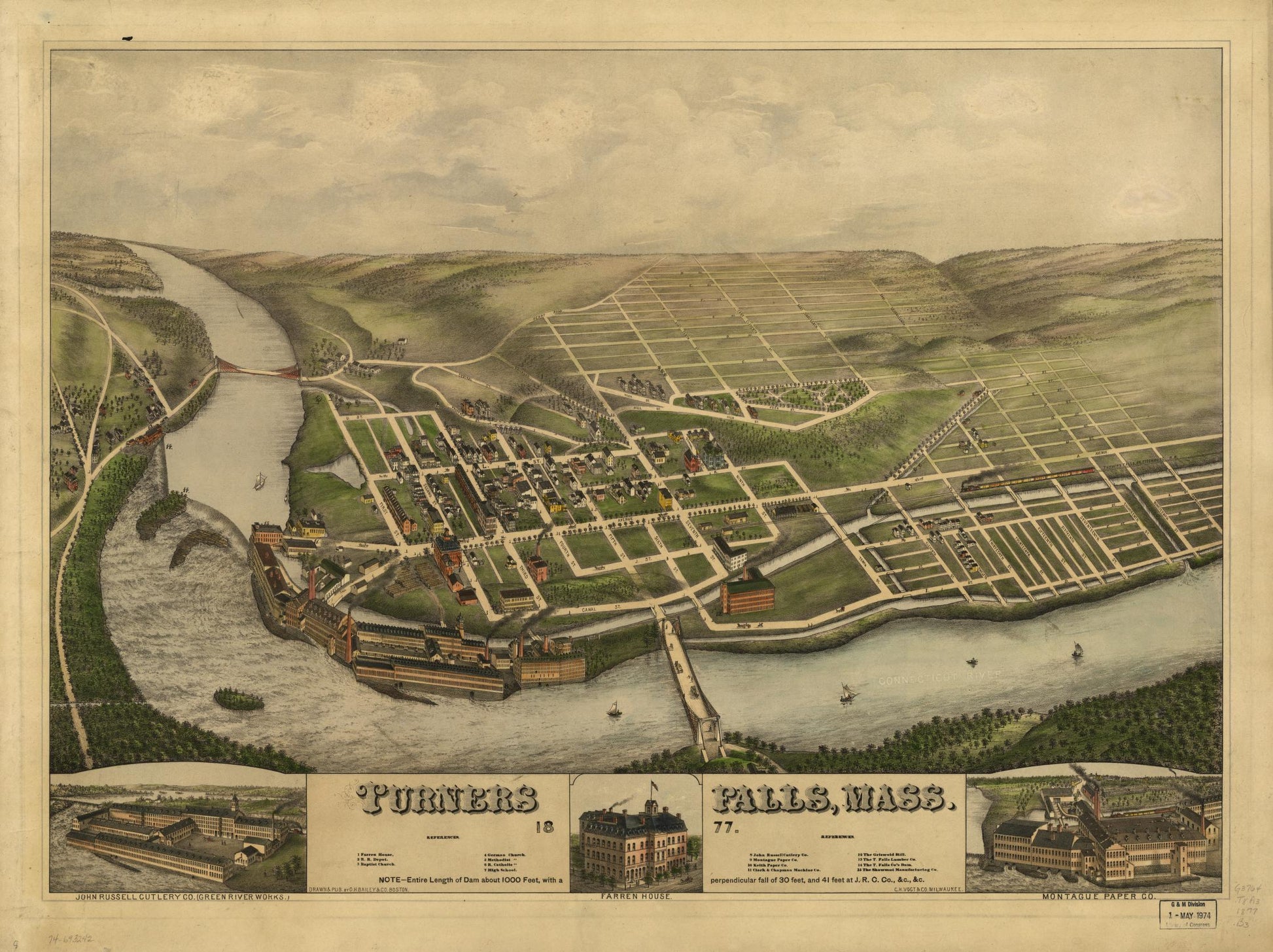 Turners Falls, Mass. 1877. (1877) – Historic Bird’s-Eye View Panorama Print