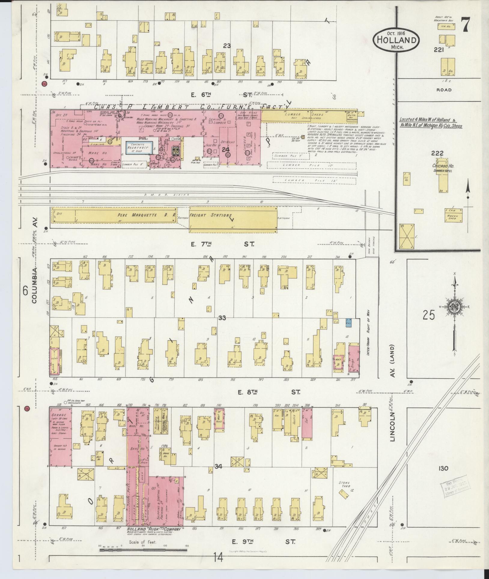 Sanborn Fire Insurance Map from Holland, Ottawa County, Michigan (1916), Sheet #0007 - Complete Map Set gallery image, historic Sanborn map, vintage wall art, Michigan Michigan