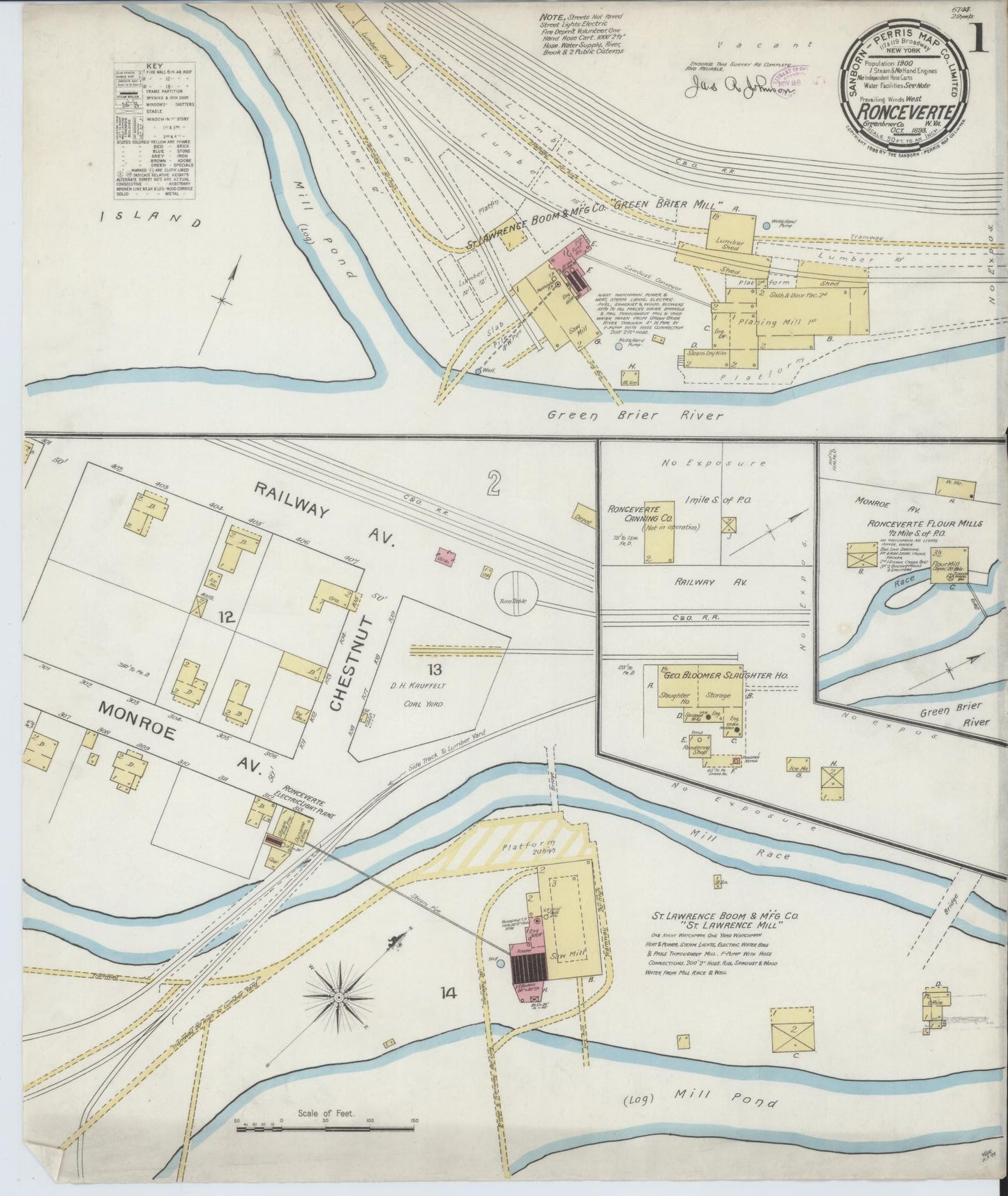 Sanborn Fire Insurance Map from Ronceverte, Greenbrier County, West Virginia (1893), Sheet #0001 - Historic Sanborn Fire Insurance Map Print, vintage old map wall art, antique decor, genealogy gift, West Virginia West Virginia map