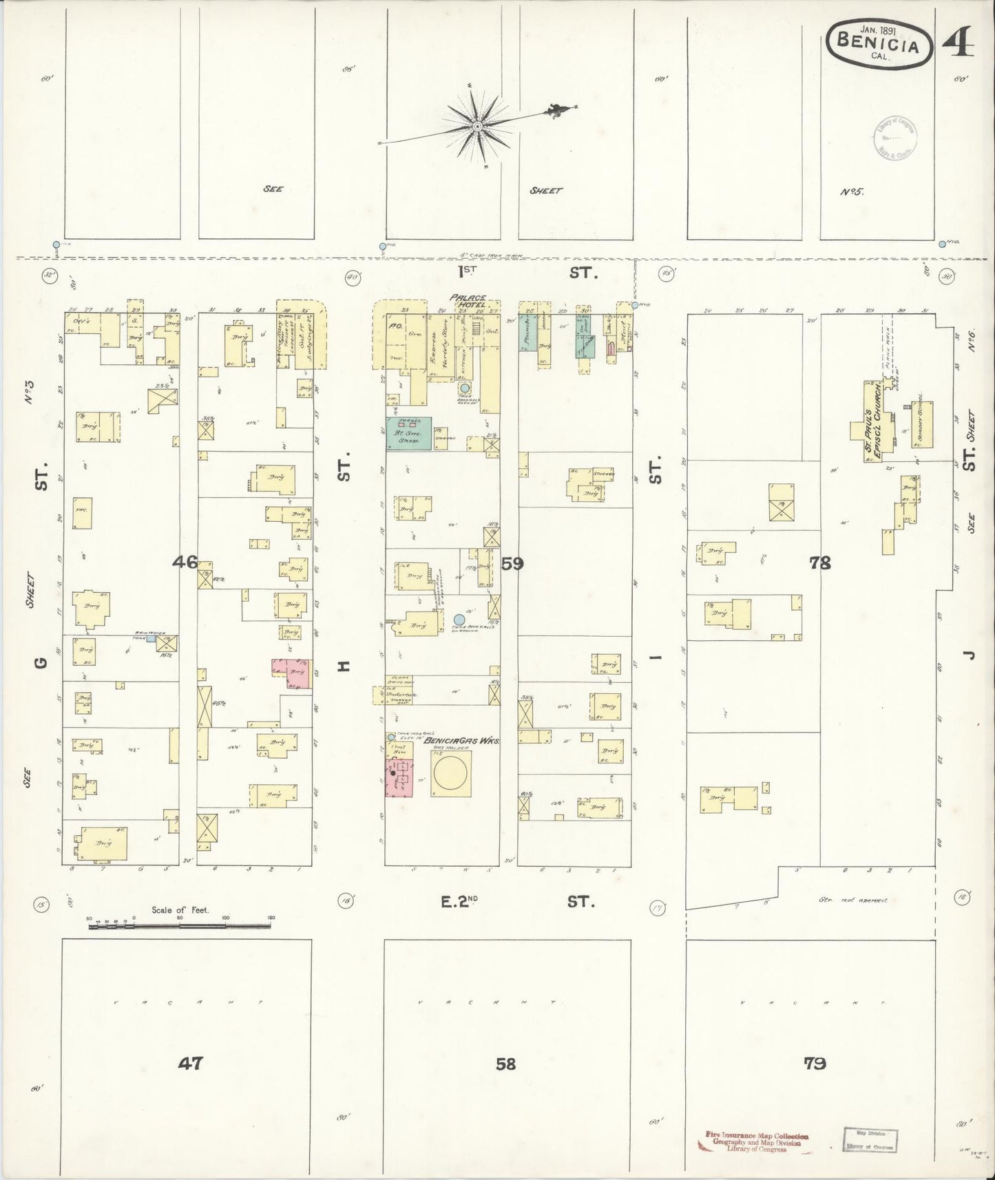 Sanborn Fire Insurance Map from Benicia, Solano County, California (1891), Sheet #0004 - Historic Sanborn Fire Insurance Map Print, vintage old map wall art, antique decor, genealogy gift, California California map