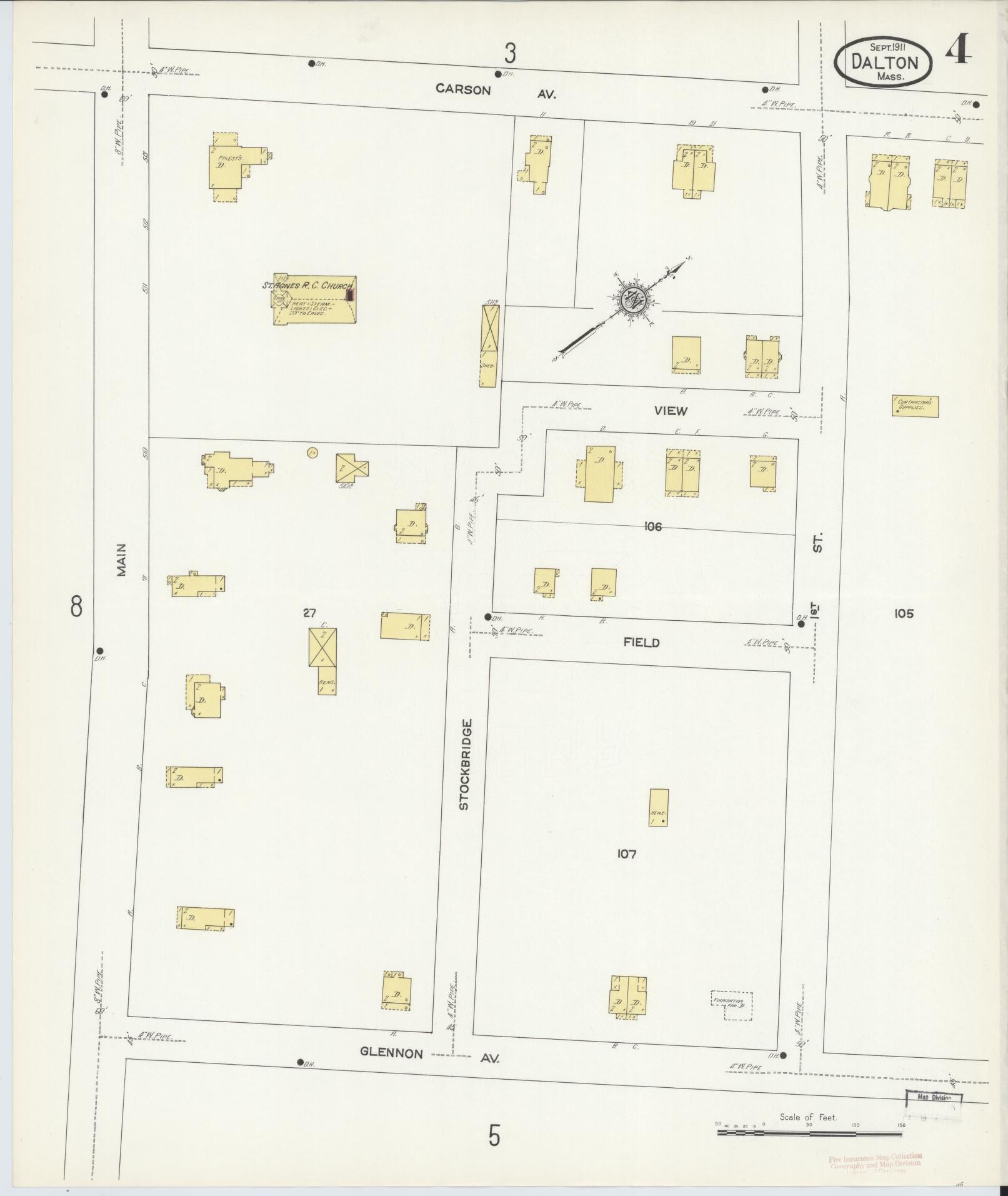 Sanborn Fire Insurance Map from Dalton, Berkshire County, Massachusetts (1911), Sheet #0004 - Historic Sanborn Fire Insurance Map Print, vintage old map wall art, antique decor, genealogy gift, Massachusetts Massachusetts map