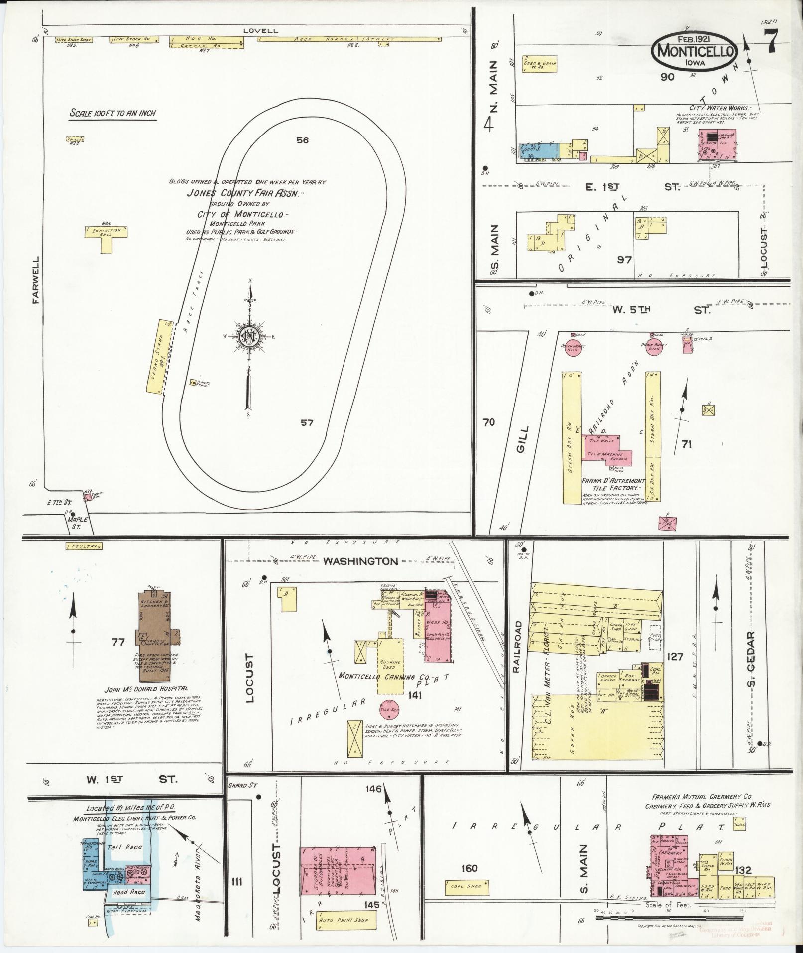 Sanborn Fire Insurance Map from Monticello, Jones County, Iowa (1921), Sheet #0007 - Historic Sanborn Fire Insurance Map Print, vintage old map wall art