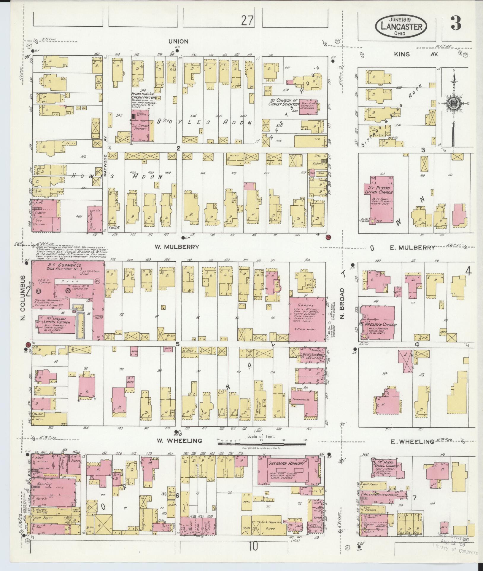 Sanborn Fire Insurance Map from Lancaster, Fairfield County, Ohio (1919), Sheet #0003 - Complete Map Set gallery image, historic Sanborn map, vintage wall art, Ohio Ohio