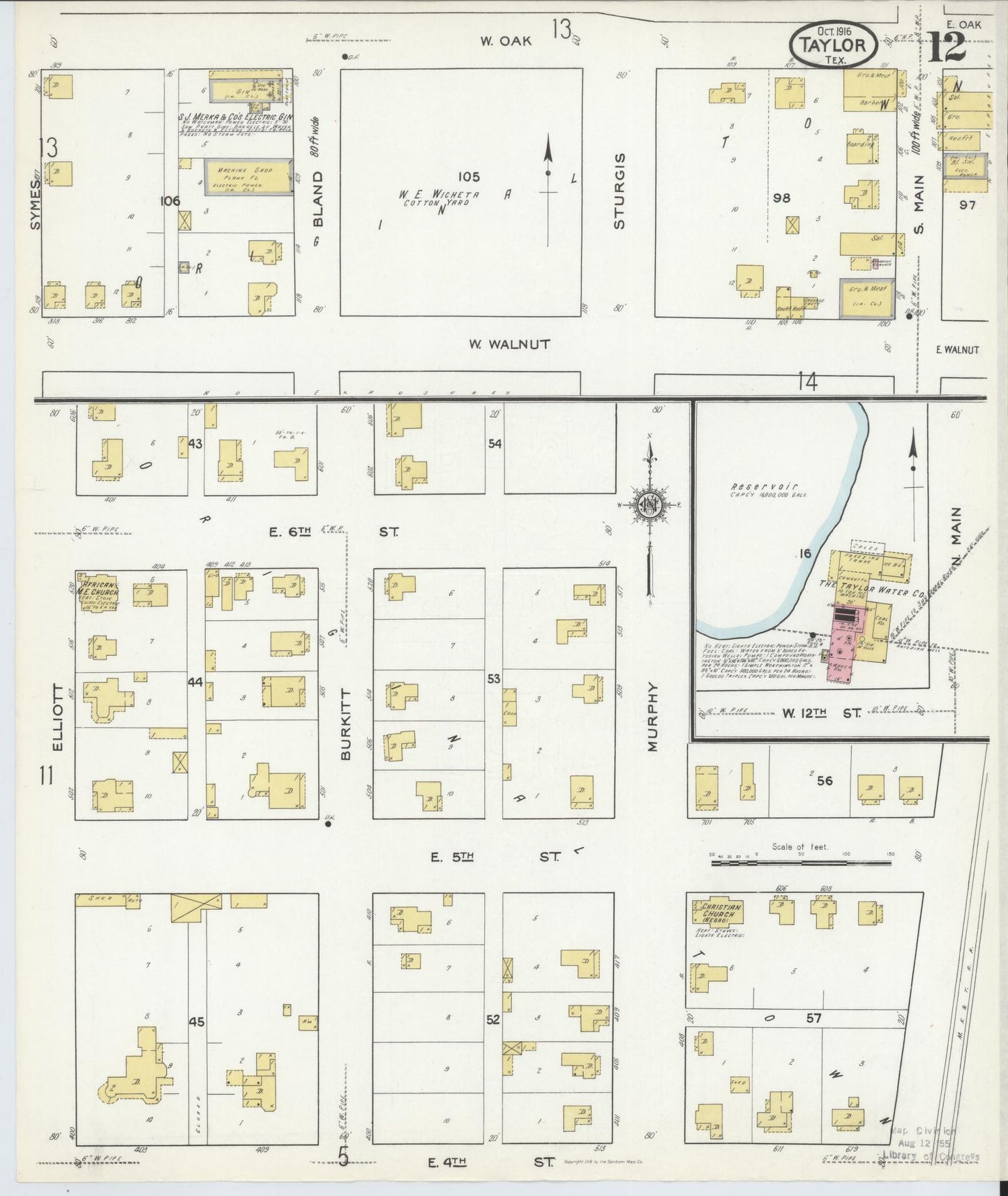 Sanborn Fire Insurance Map from Taylor, Williamson County, Texas (1916), Sheet #0012 - Complete Map Set gallery image, historic Sanborn map, vintage wall art, Texas Texas