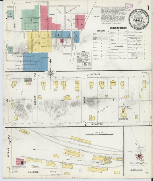 Sanborn Fire Insurance Map from Romeo, Macomb County, Michigan (1907), Sheet #0001 - Complete Map Set gallery image, historic Sanborn map, vintage wall art, Michigan Michigan