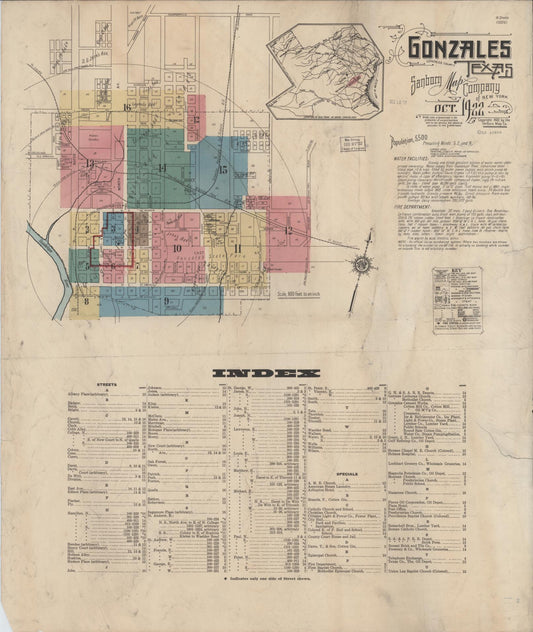 Sanborn Fire Insurance Map from Gonzales, Gonzales County, Texas (1922), Sheet #0001 - Complete Map Set gallery image, historic Sanborn map, vintage wall art, Texas Texas
