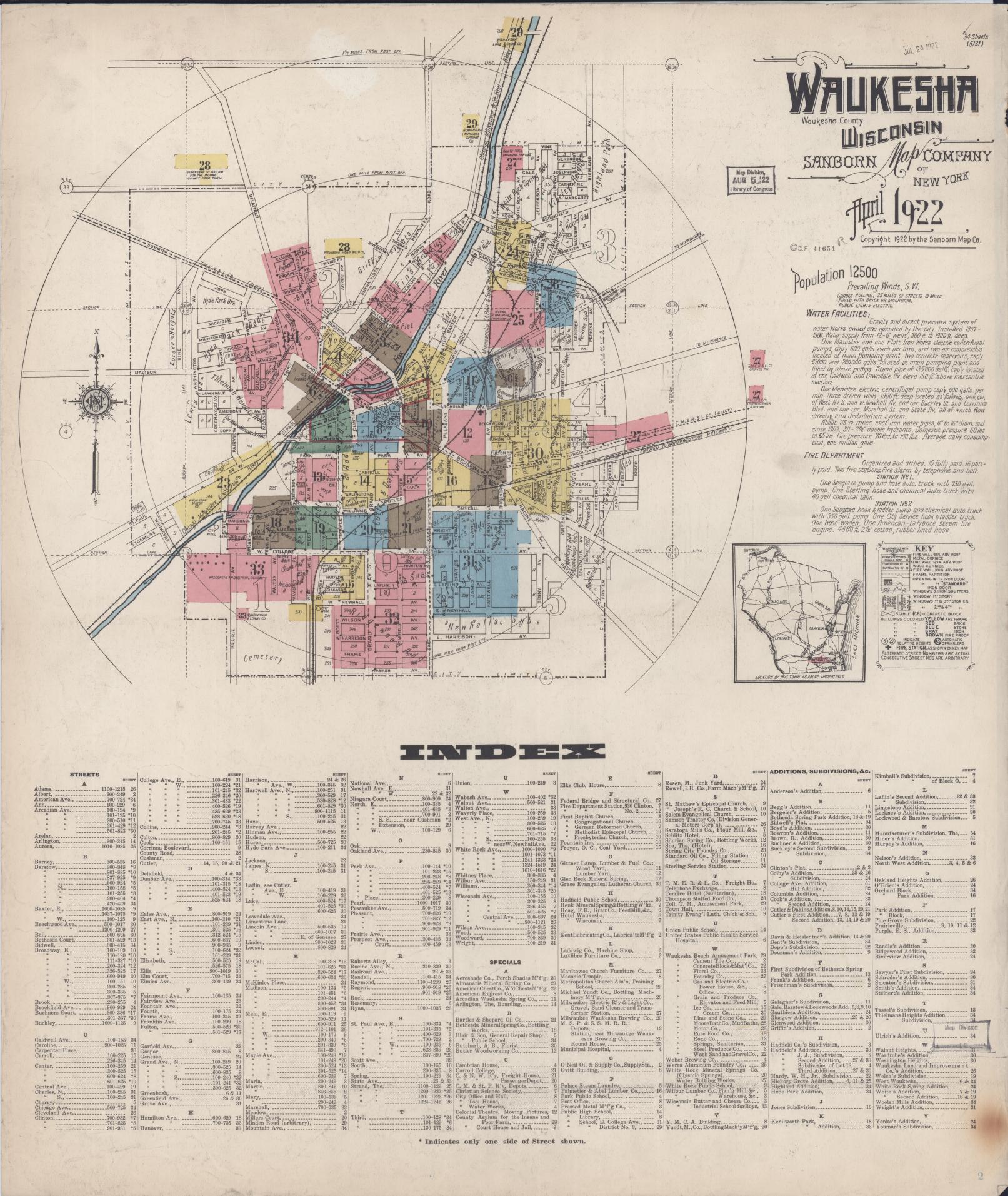 Sanborn Fire Insurance Map from Waukesha, Waukesha County, Wisconsin (1922), Sheet #0001 - Complete Map Set gallery image, historic Sanborn map, vintage wall art, Wisconsin Wisconsin