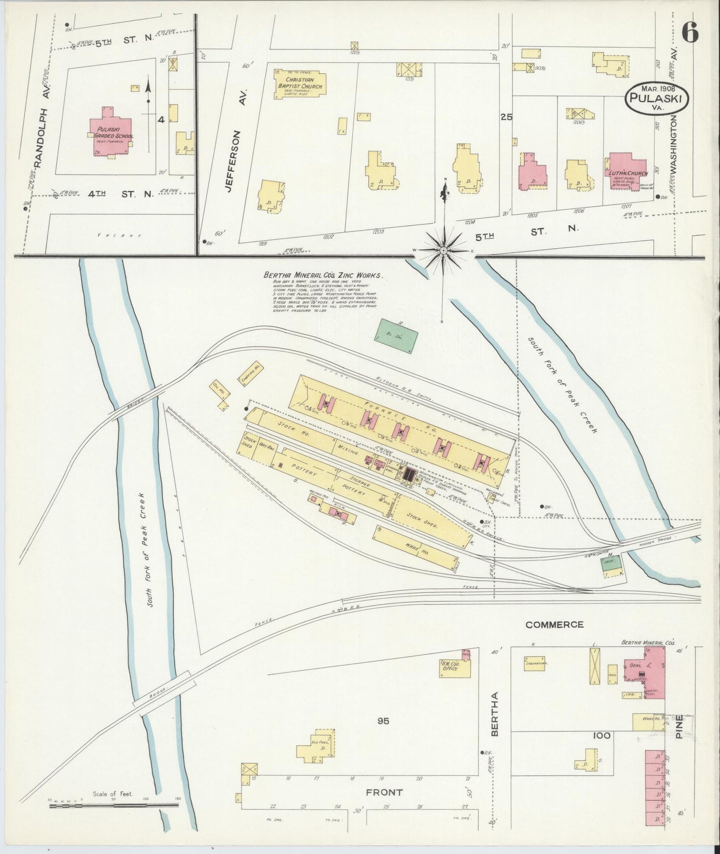 Sanborn Fire Insurance Map from Pulaski, Pulaski County, Virginia (1908), Sheet #0006 - Historic Sanborn Fire Insurance Map Print, vintage old map wall art, antique decor, genealogy gift, Virginia Virginia map