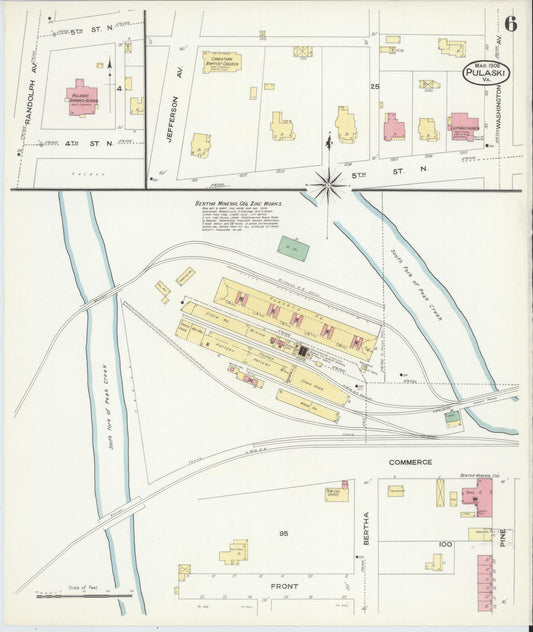 Sanborn Fire Insurance Map from Pulaski, Pulaski County, Virginia (1908), Sheet #0006 - Historic Sanborn Fire Insurance Map Print, vintage old map wall art, antique decor, genealogy gift, Virginia Virginia map