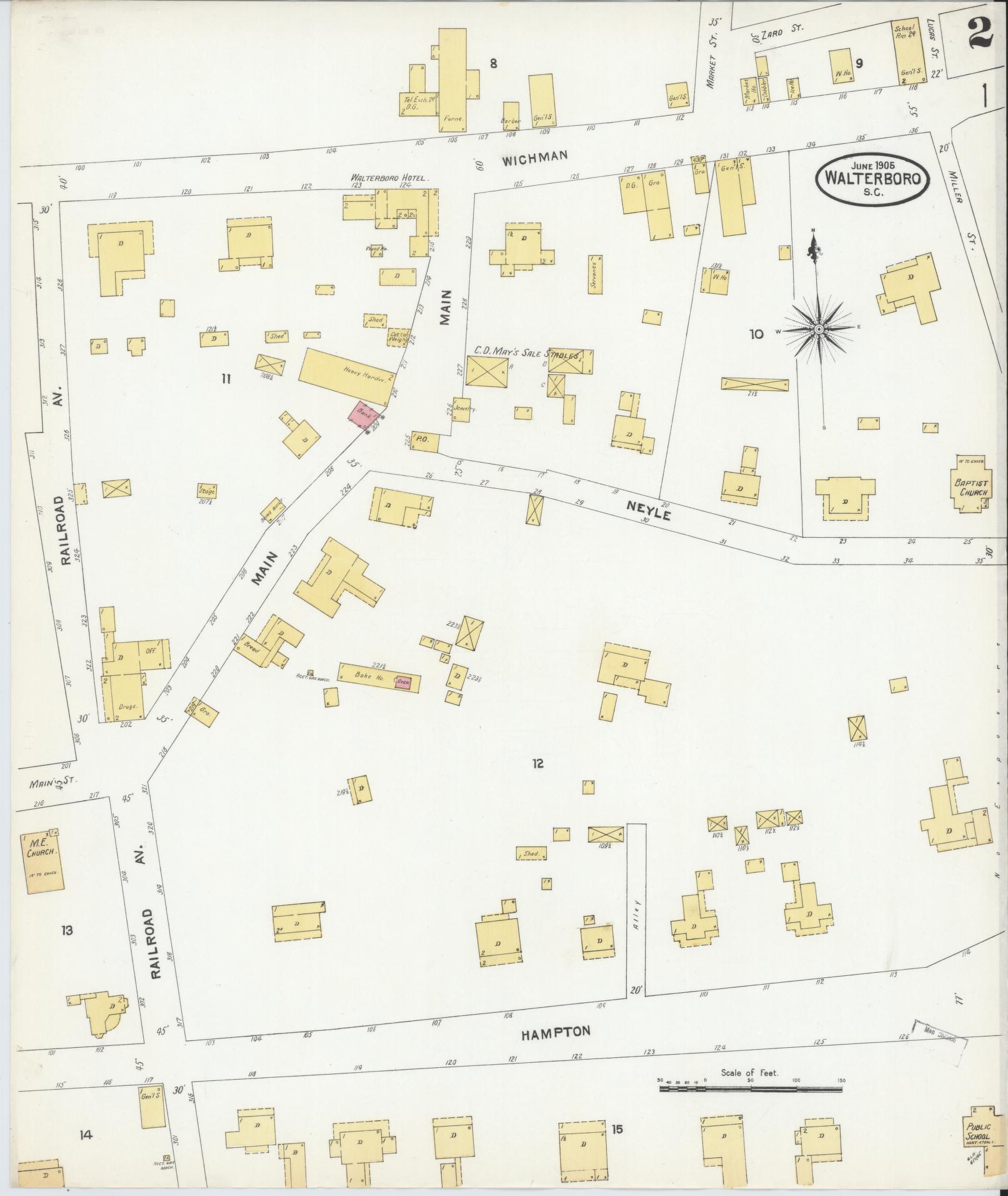 Sanborn Fire Insurance Map from Walterboro, Colleton County, South Carolina (1905), Sheet #0002 - Complete Map Set gallery image, historic Sanborn map, vintage wall art, South Carolina South Carolina