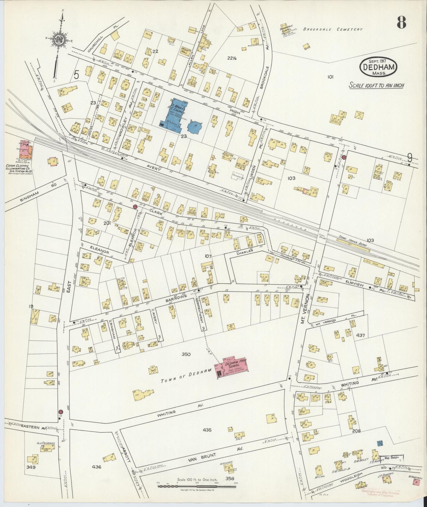Sanborn Fire Insurance Map from Dedham, Norfolk County, Massachusetts (1917), Sheet #0008 - Complete Map Set gallery image, historic Sanborn map, vintage wall art, Massachusetts Massachusetts