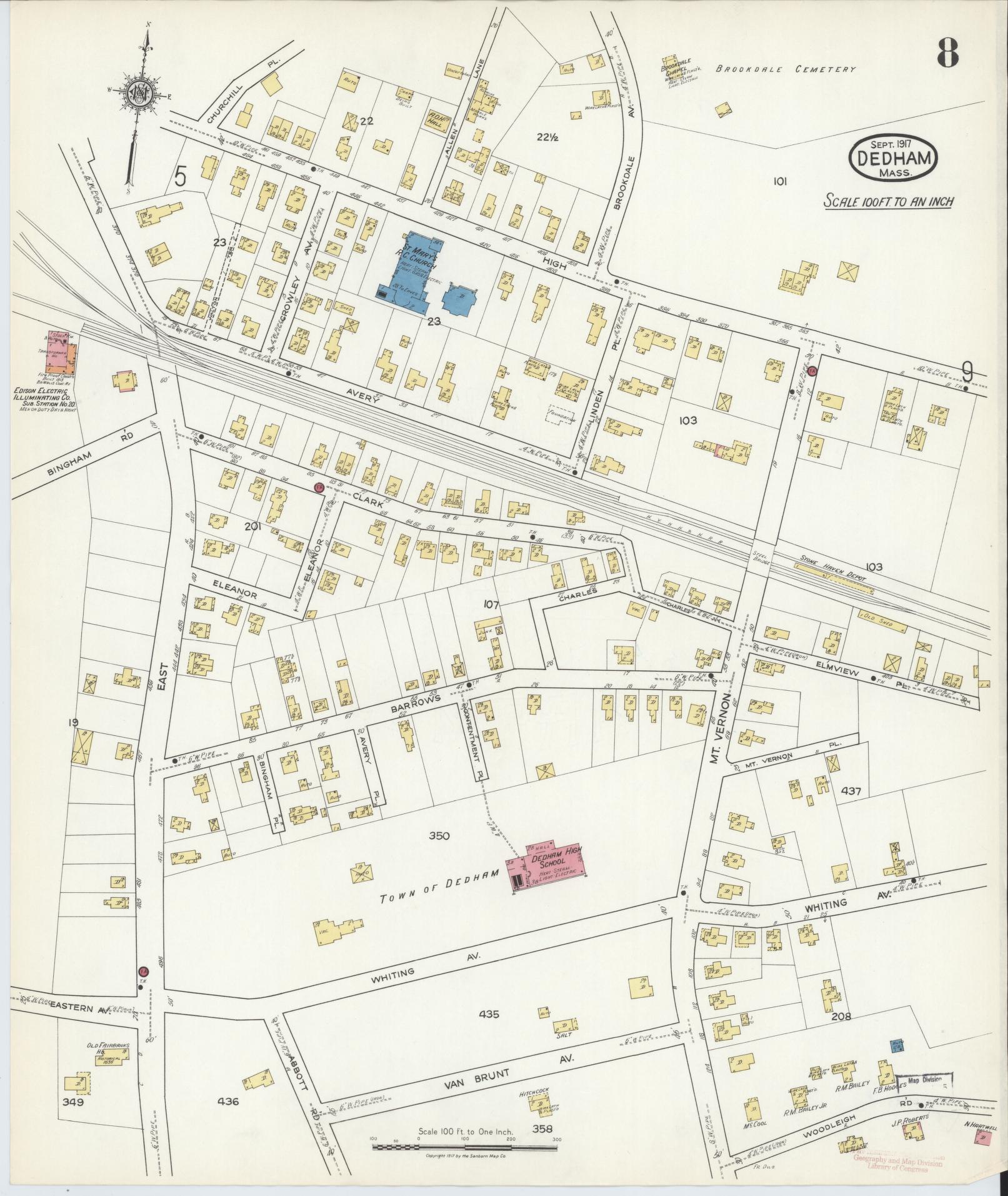 Sanborn Fire Insurance Map from Dedham, Norfolk County, Massachusetts (1917), Sheet #0008 - Complete Map Set gallery image, historic Sanborn map, vintage wall art, Massachusetts Massachusetts