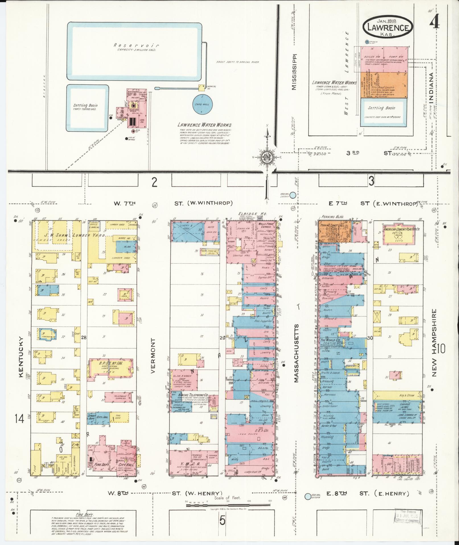 Sanborn Fire Insurance Map from Lawrence, Douglas County, Kansas (1918), Sheet #0004 - Historic Sanborn Fire Insurance Map Print, vintage old map wall art, antique decor, genealogy gift, Kansas Kansas map