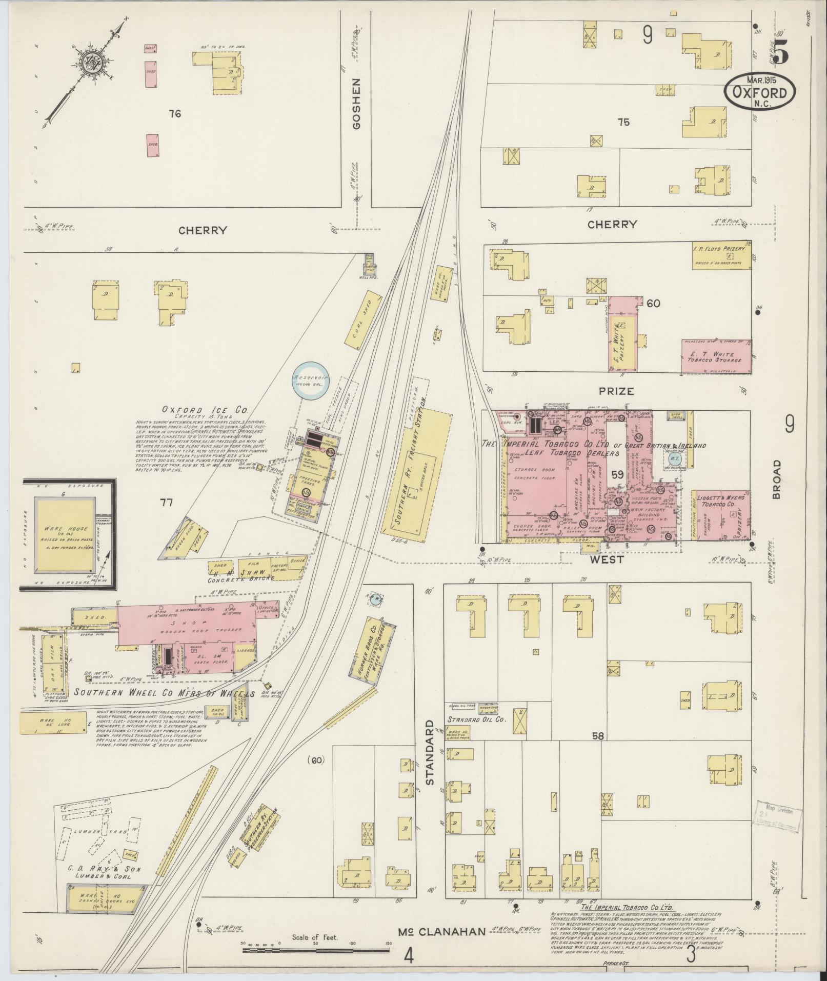 Sanborn Fire Insurance Map from Oxford, Granville County, North Carolina (1915), Sheet #0005 - Historic Sanborn Fire Insurance Map Print, vintage old map wall art, antique decor, genealogy gift, North Carolina North Carolina map