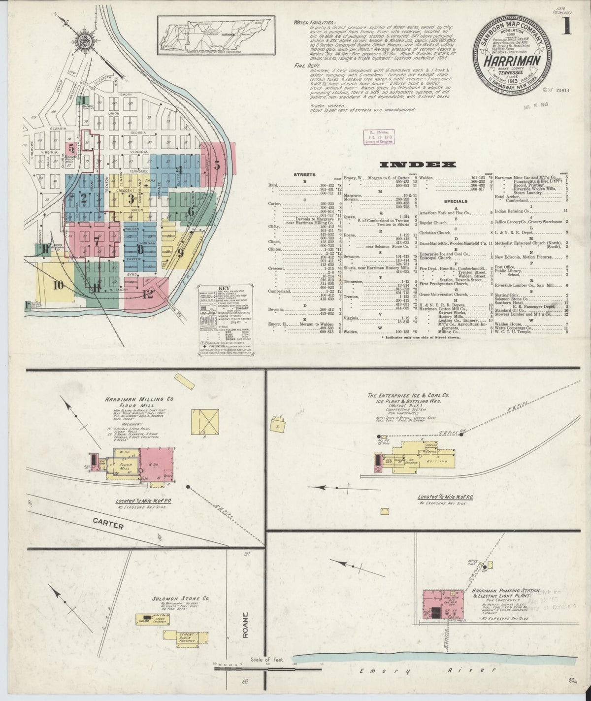 Sanborn Fire Insurance Map from Harriman, Roane County, Tennessee (1913), Sheet #0001 - Complete Map Set gallery image, historic Sanborn map, vintage wall art, Tennessee Tennessee