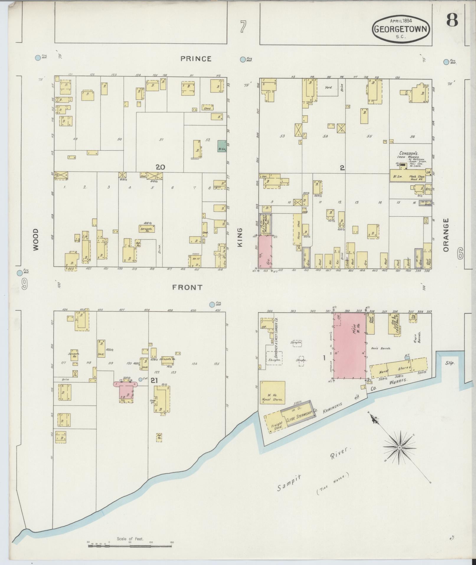 Sanborn Fire Insurance Map from Georgetown, Georgetown County, South Carolina (1894), Sheet #0008 - Historic Sanborn Fire Insurance Map Print, vintage old map wall art, antique decor, genealogy gift, South Carolina South Carolina map