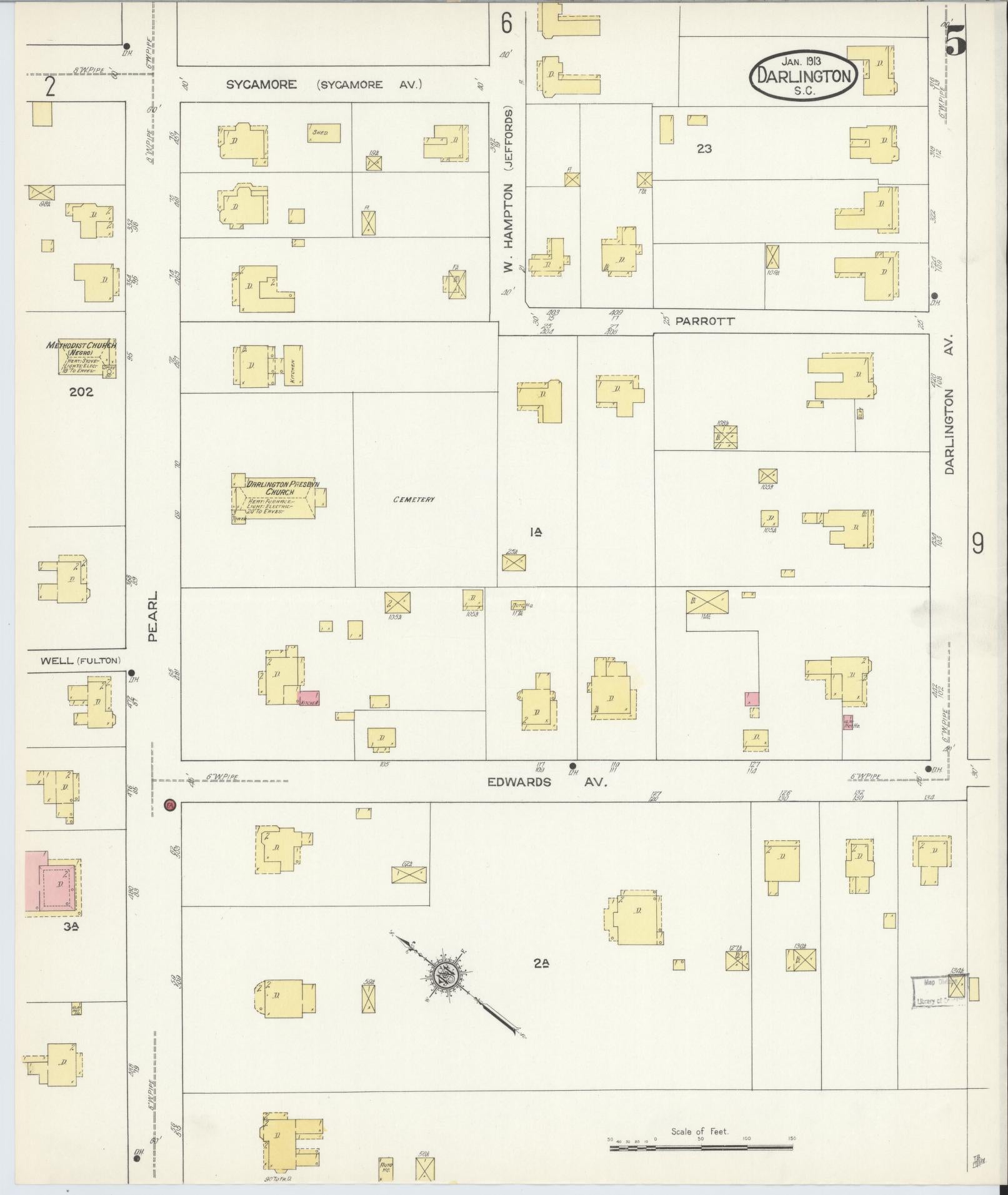 Sanborn Fire Insurance Map from Darlington, Darlington County, South Carolina (1913), Sheet #0005 - Complete Map Set gallery image, historic Sanborn map, vintage wall art, South Carolina South Carolina