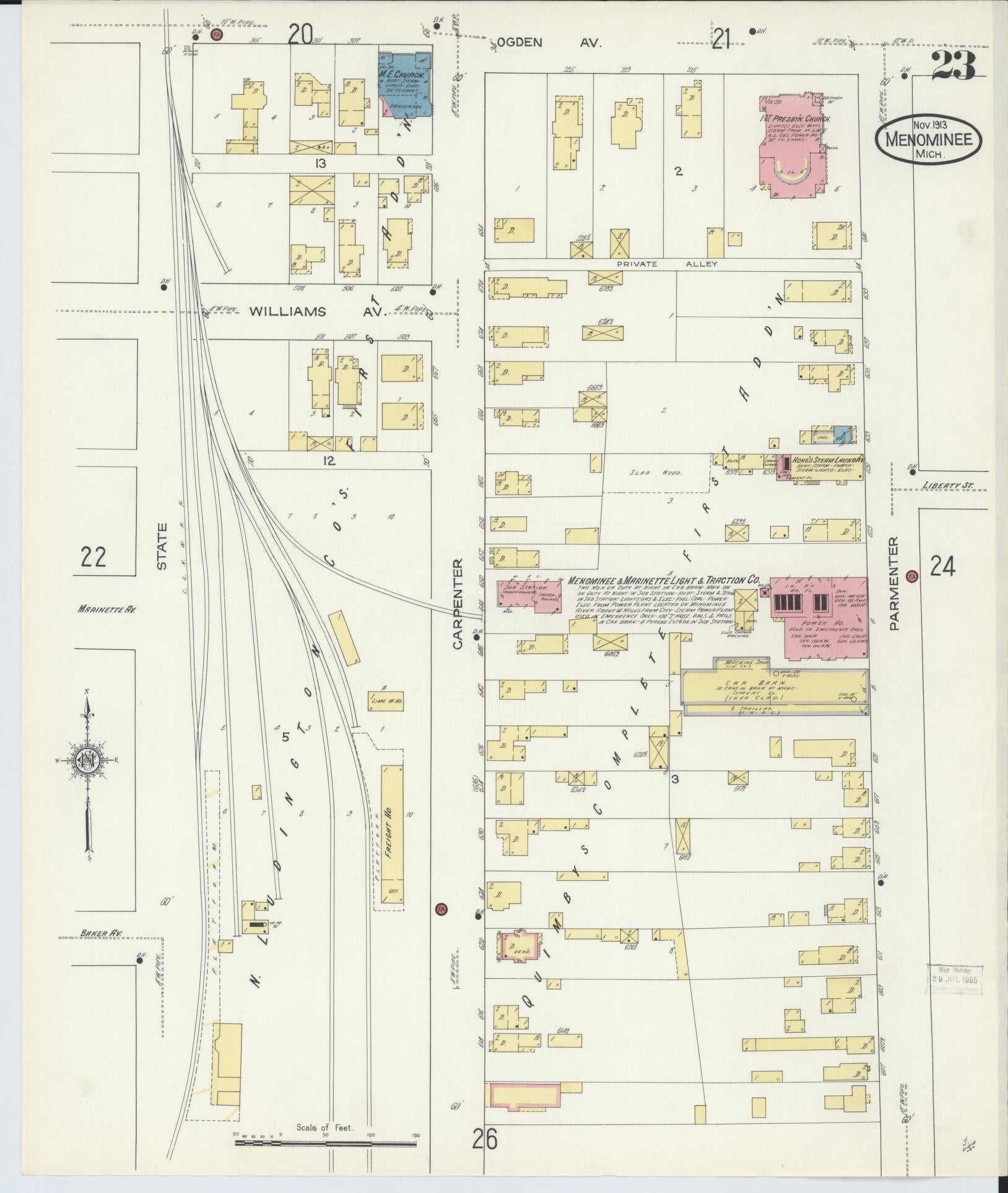 Sanborn Fire Insurance Map from Menominee, Menominee County, Michigan (1913), Sheet #0023 - Complete Map Set gallery image, historic Sanborn map, vintage wall art, Michigan Michigan