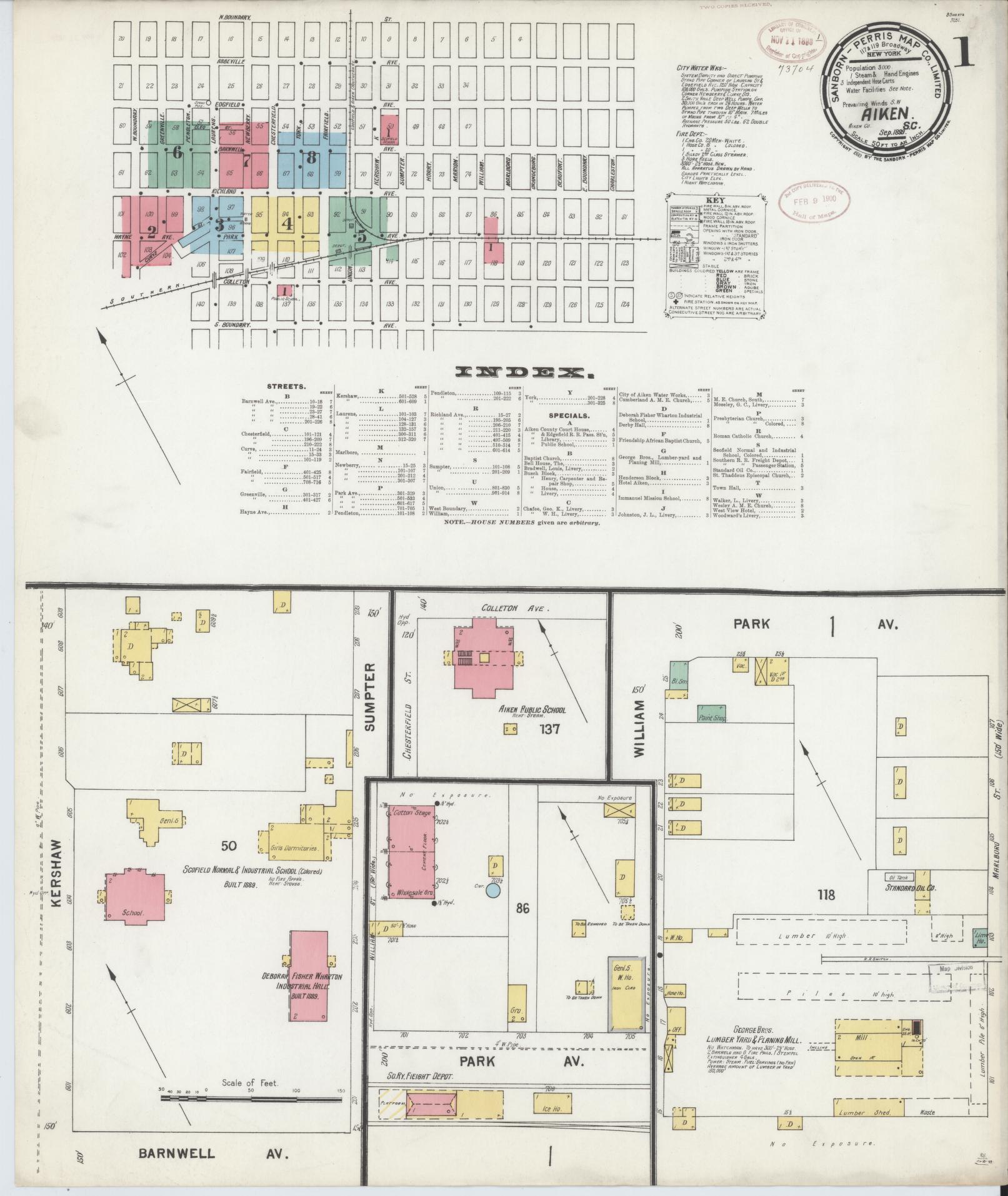 Sanborn Fire Insurance Map from Aiken, Aiken County, South Carolina (1899), Sheet #0001 - Complete Map Set gallery image, historic Sanborn map, vintage wall art, South Carolina South Carolina