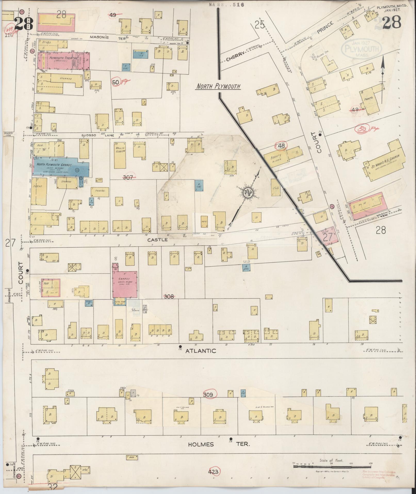 Sanborn Fire Insurance Map from Plymouth, Plymouth County, Massachusetts (1948), Sheet #0028 - Historic Sanborn Fire Insurance Map Print, vintage old map wall art, antique decor, genealogy gift, Massachusetts Massachusetts map