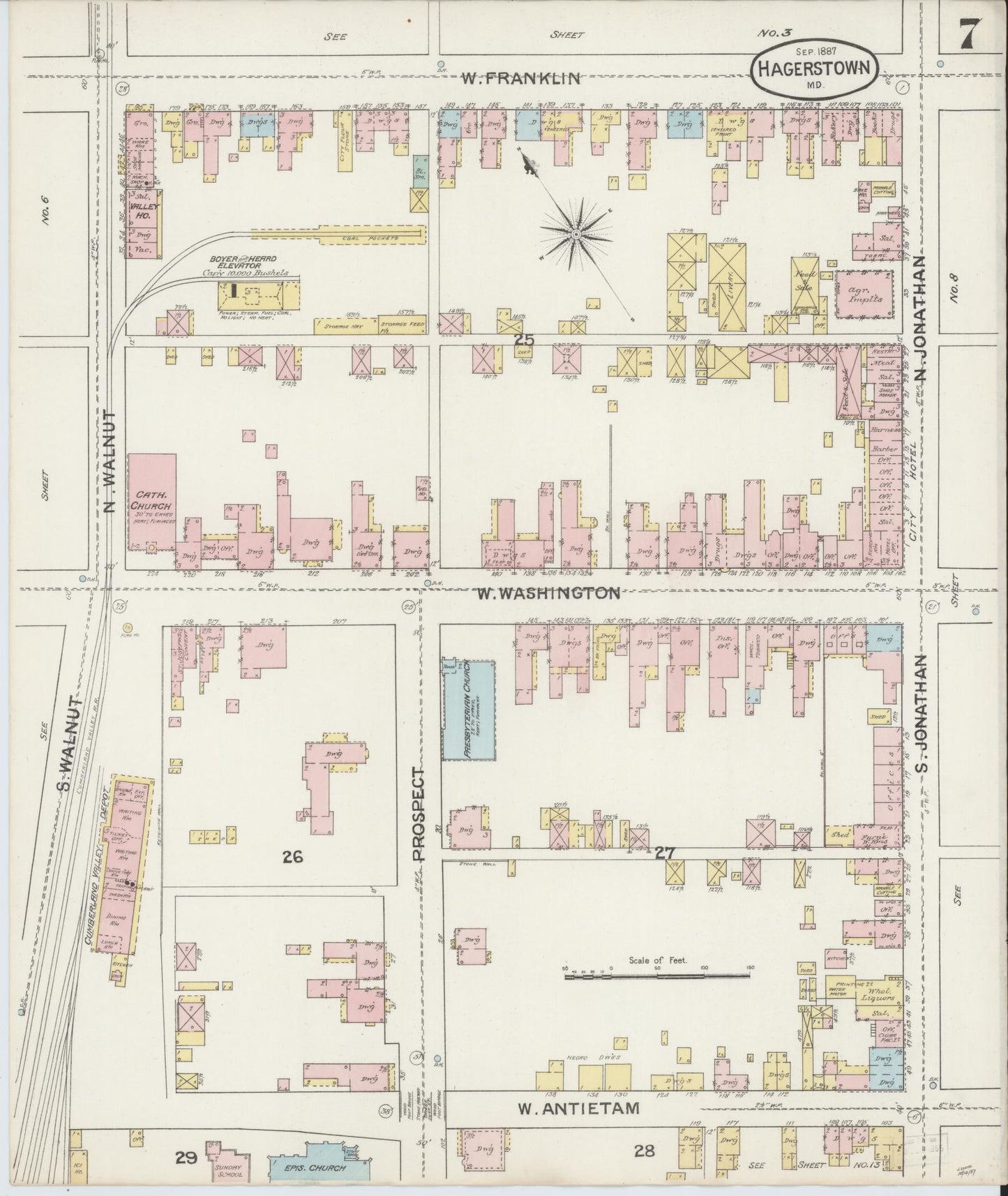 Washington, Maryland - 1887 - Sanborn Fire Insurance Map, Sheet #0007 - Historic Sanborn Fire Insurance Map Print, Washington Maryland 1887 0007 vintage old map wall art