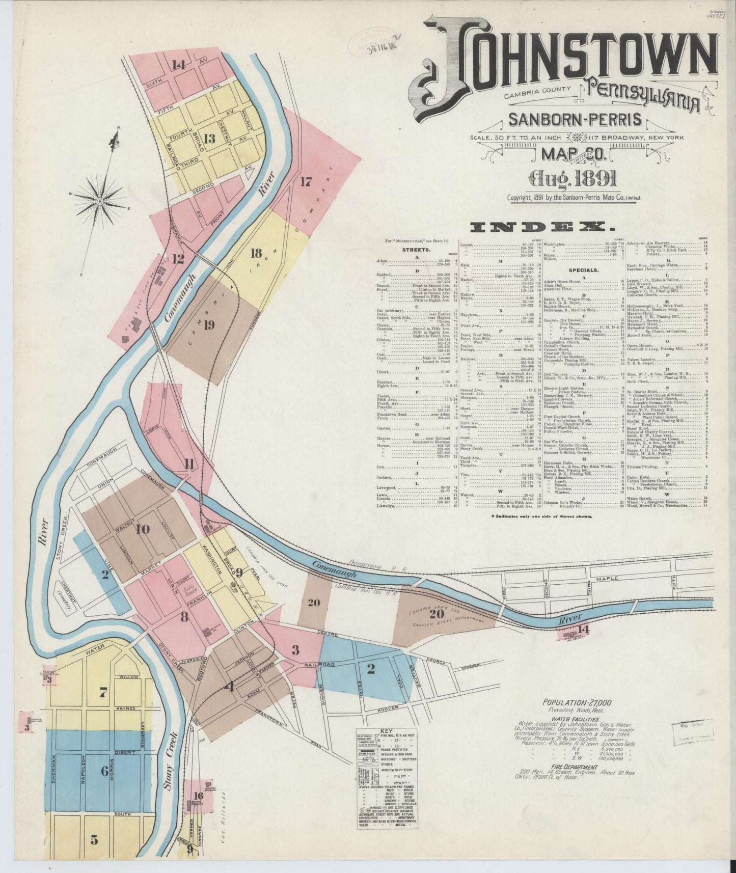 Sanborn Fire Insurance Map from Johnstown, Cambria County, Pennsylvania (1891), Sheet #0001 - Historic Sanborn Fire Insurance Map Print, vintage old map wall art, antique decor, genealogy gift, Pennsylvania Pennsylvania map