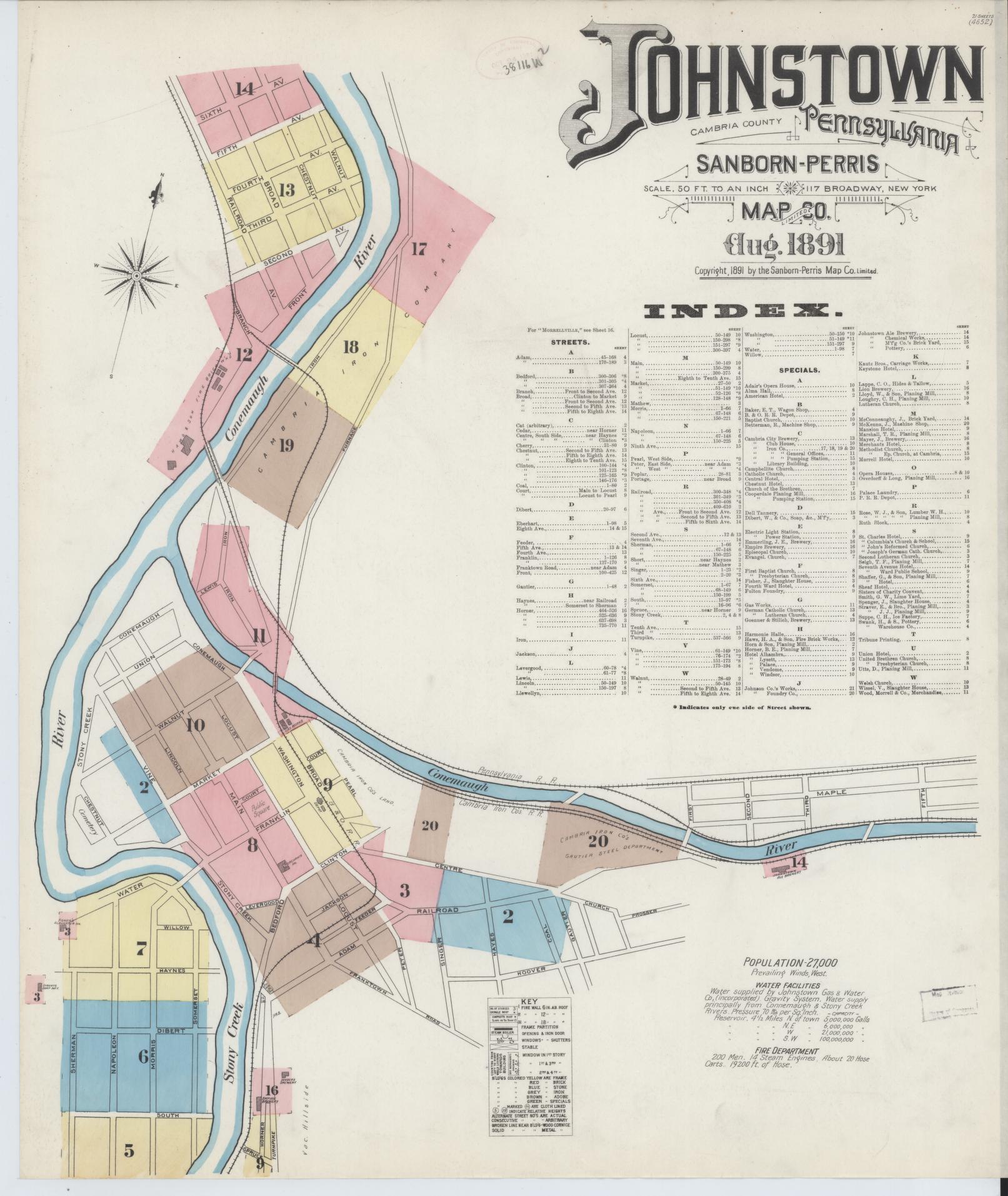 Sanborn Fire Insurance Map from Johnstown, Cambria County, Pennsylvania (1891), Sheet #0001 - Historic Sanborn Fire Insurance Map Print, vintage old map wall art, antique decor, genealogy gift, Pennsylvania Pennsylvania map