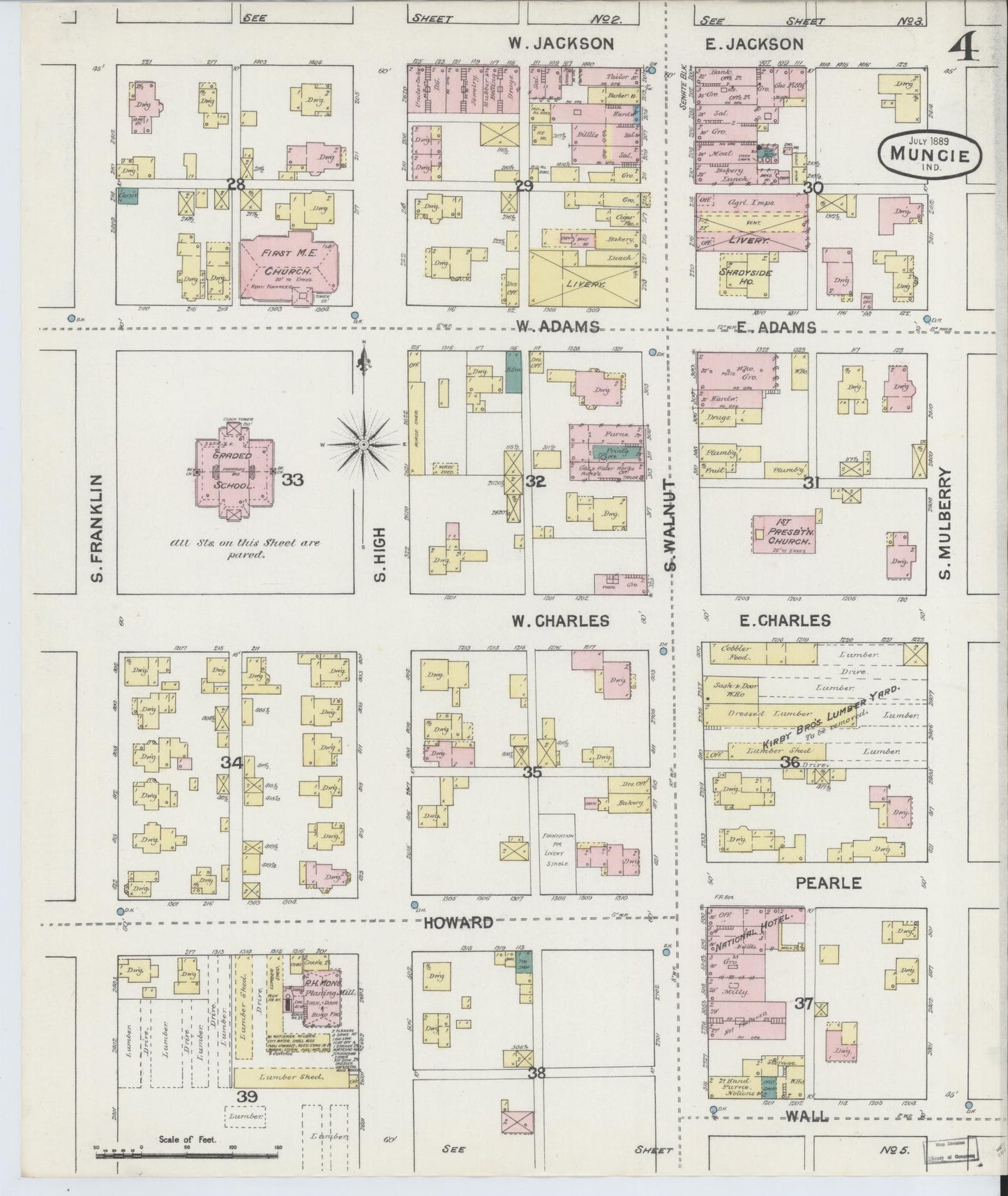 Sanborn Fire Insurance Map from Muncie, Delaware County, Indiana (1889), Sheet #0004 - Complete Map Set gallery image, historic Sanborn map, vintage wall art, Muncie Delaware