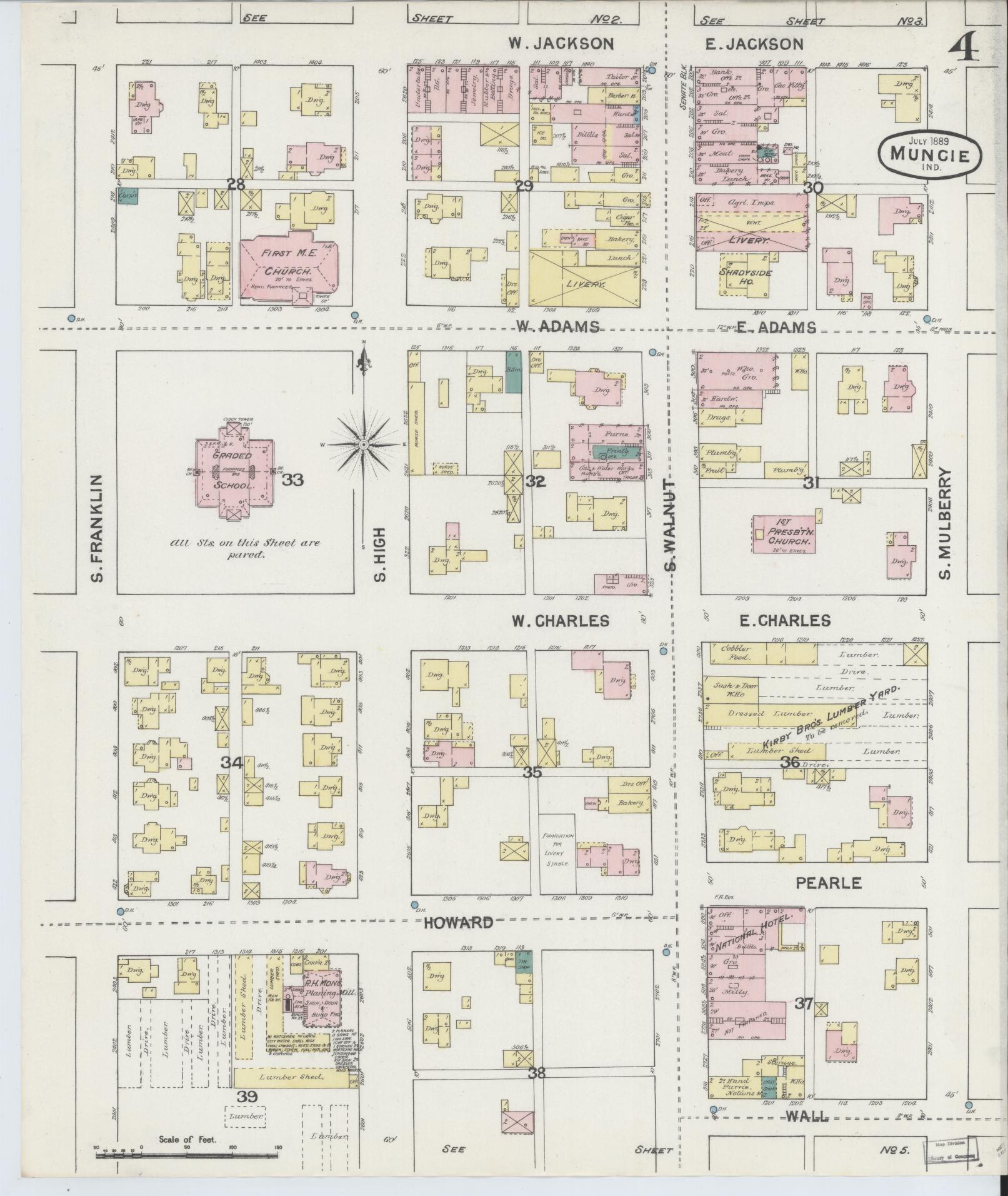 Sanborn Fire Insurance Map from Muncie, Delaware County, Indiana (1889), Sheet #0004 - Complete Map Set gallery image, historic Sanborn map, vintage wall art, Muncie Delaware