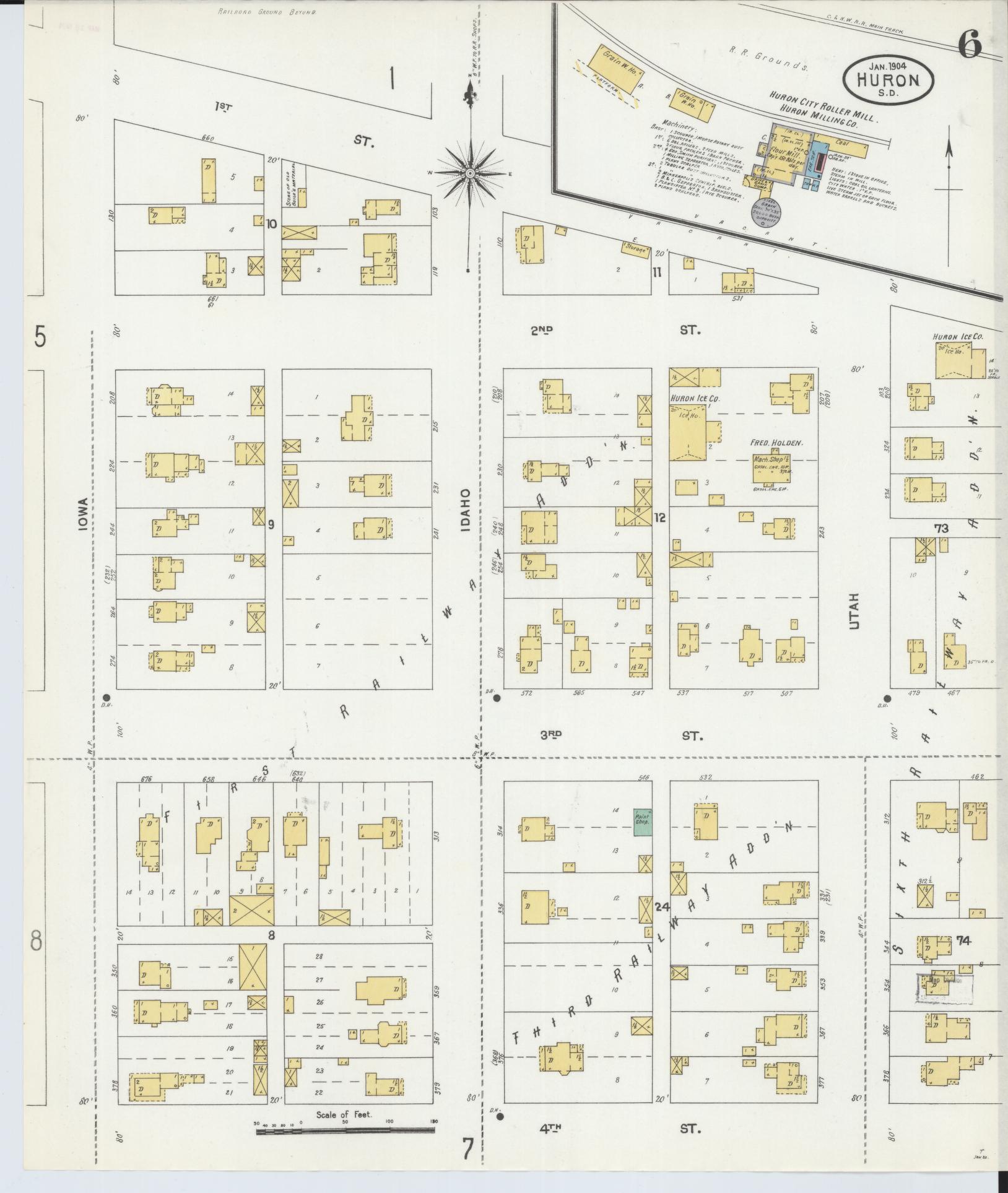 Sanborn Fire Insurance Map from Huron, Beadle County, South Dakota (1904), Sheet #0006 - Historic Sanborn Fire Insurance Map Print, vintage old map wall art, antique decor, genealogy gift, South Dakota South Dakota map