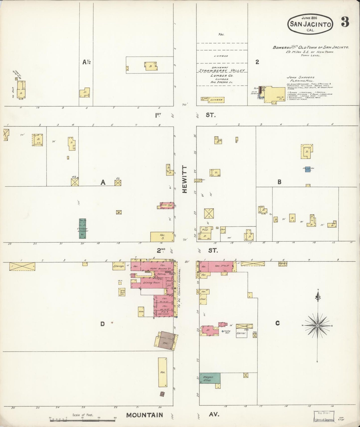 Sanborn Fire Insurance Map from San Jacinto, Riverside County, California (1896), Sheet #0003 - Complete Map Set gallery image, historic Sanborn map, vintage wall art, California California