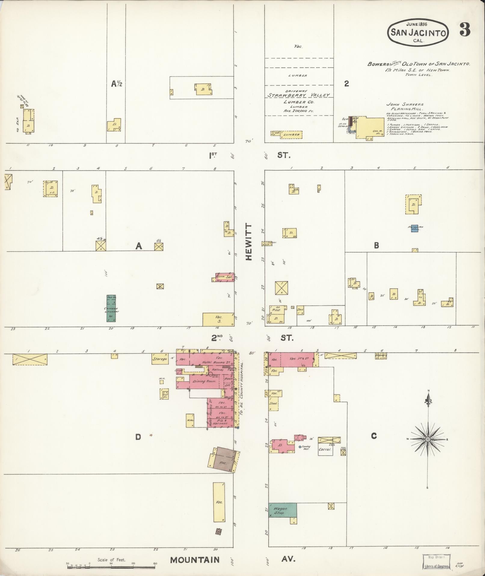 Sanborn Fire Insurance Map from San Jacinto, Riverside County, California (1896), Sheet #0003 - Complete Map Set gallery image, historic Sanborn map, vintage wall art, California California