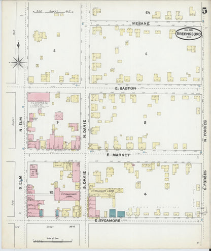 Sanborn Fire Insurance Map from Greensboro, Guilford County, North Carolina (1891), Sheet #0005 - Historic Sanborn Fire Insurance Map Print, vintage old map wall art, antique decor, genealogy gift, North Carolina North Carolina map
