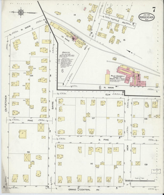 Sanborn Fire Insurance Map from Horseheads, Chemung County, New York (1914), Sheet #0007 - Historic Sanborn Fire Insurance Map Print, vintage old map wall art, antique decor, genealogy gift, New York New York map
