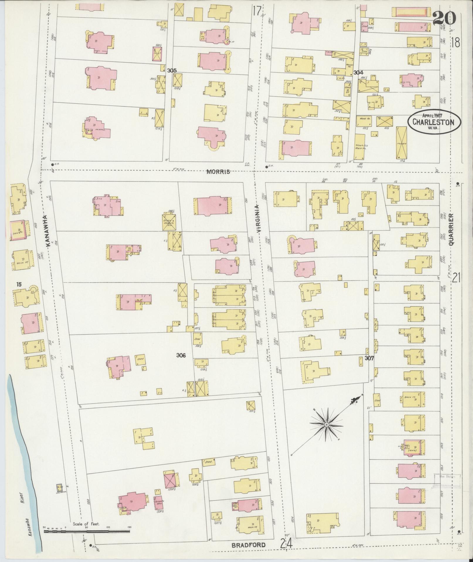 Sanborn Fire Insurance Map from Charleston, Kanawha County, West Virginia (1907), Sheet #0020 - Historic Sanborn Fire Insurance Map Print, vintage old map wall art, antique decor, genealogy gift, West Virginia West Virginia map