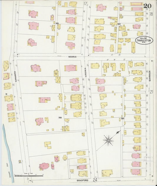 Sanborn Fire Insurance Map from Charleston, Kanawha County, West Virginia (1907), Sheet #0020 - Historic Sanborn Fire Insurance Map Print, vintage old map wall art, antique decor, genealogy gift, West Virginia West Virginia map