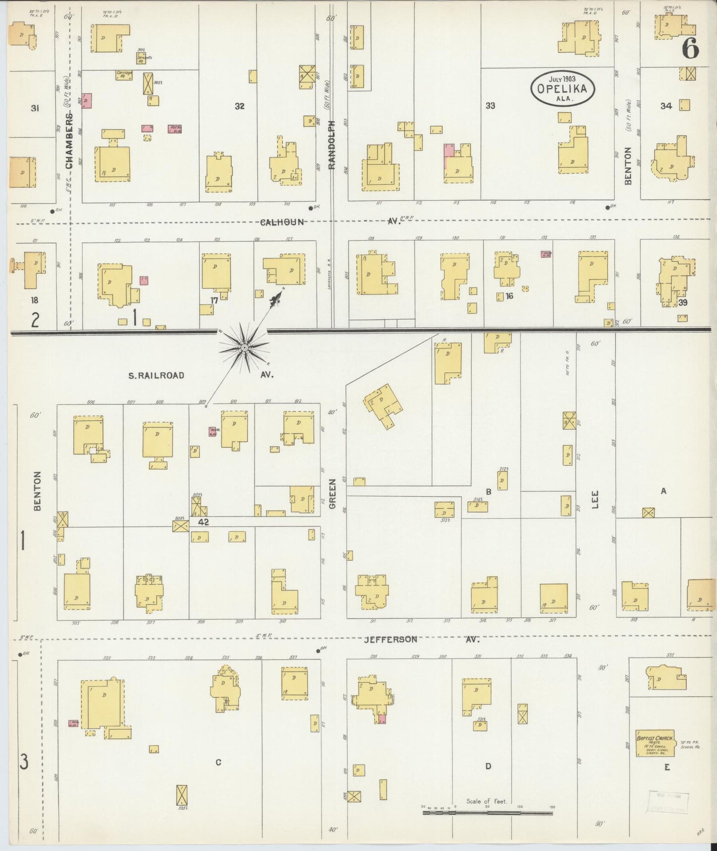 Sanborn Fire Insurance Map from Opelika, Lee County, Alabama (1903), Sheet #0006 - Complete Map Set gallery image, historic Sanborn map, vintage wall art, Alabama Alabama