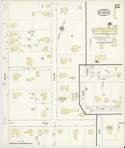 Sanborn Fire Insurance Map from Brenham, Washington County, Texas (1912), Sheet #0012 - Historic Sanborn Fire Insurance Map Print, vintage old map wall art, antique decor, genealogy gift, Texas Texas map