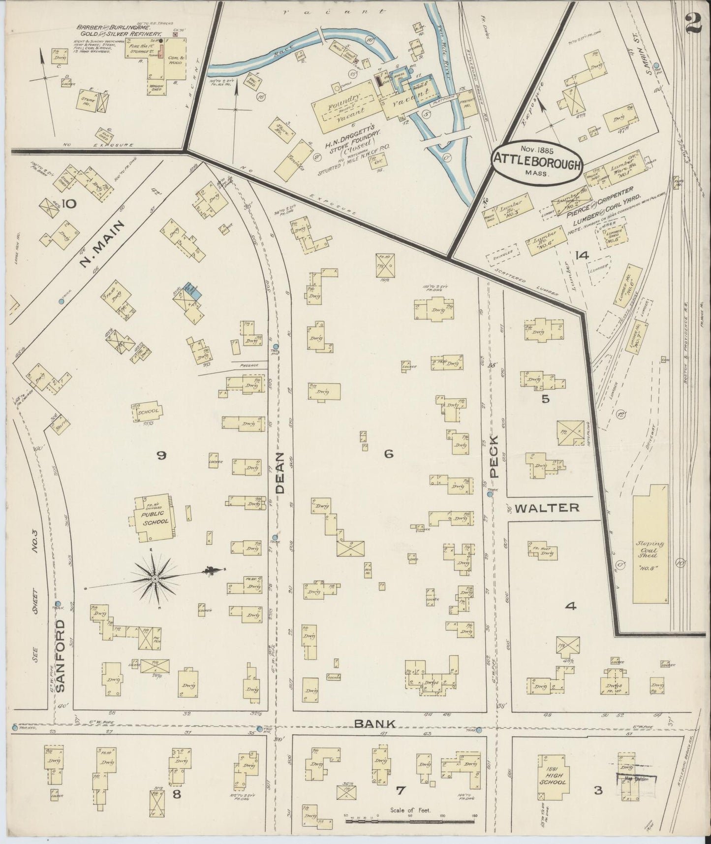 Sanborn Fire Insurance Map from Attleboro, Bristol County, Massachusetts (1885), Sheet #0002 - Complete Map Set gallery image, historic Sanborn map, vintage wall art, Massachusetts Massachusetts