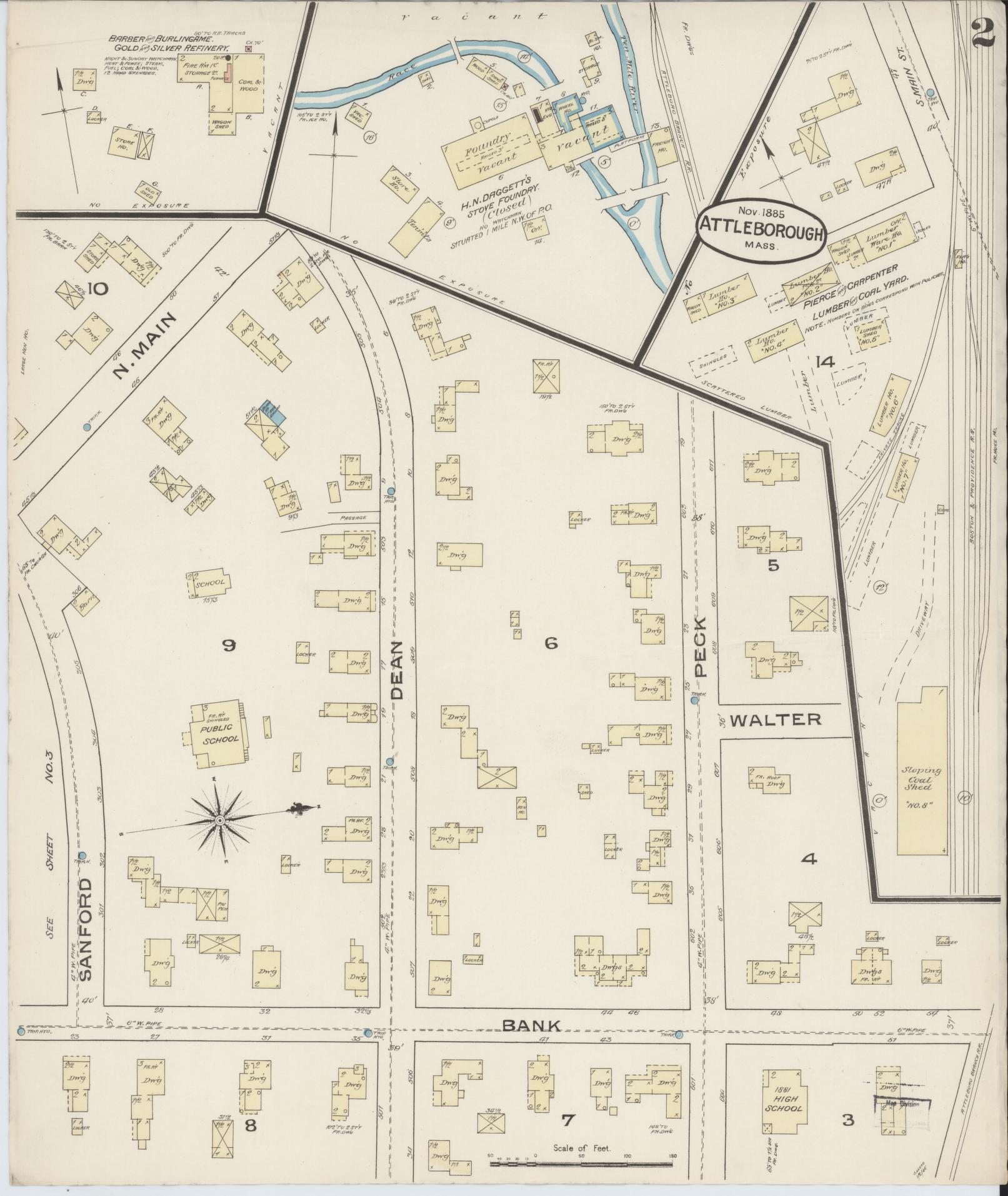 Sanborn Fire Insurance Map from Attleboro, Bristol County, Massachusetts (1885), Sheet #0002 - Complete Map Set gallery image, historic Sanborn map, vintage wall art, Massachusetts Massachusetts