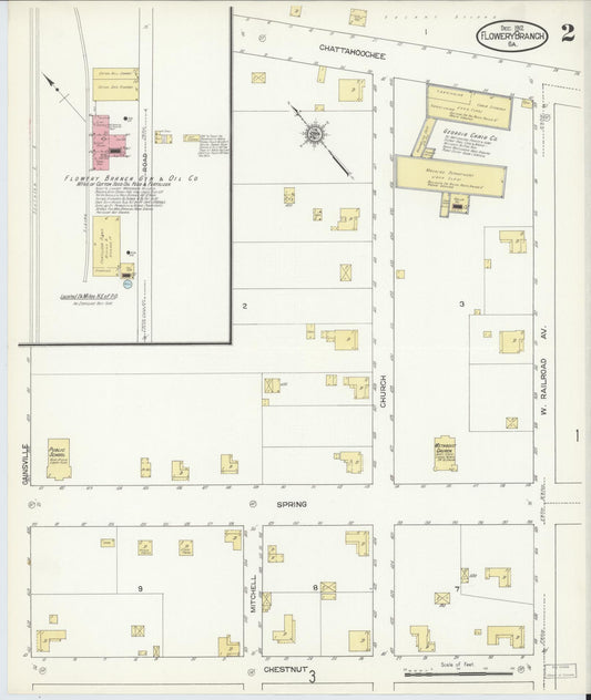 Sanborn Fire Insurance Map from Flowery Branch, Hall County, Georgia (1912), Sheet #0002 - Historic Sanborn Fire Insurance Map Print, vintage old map wall art, antique decor, genealogy gift, Georgia Georgia map