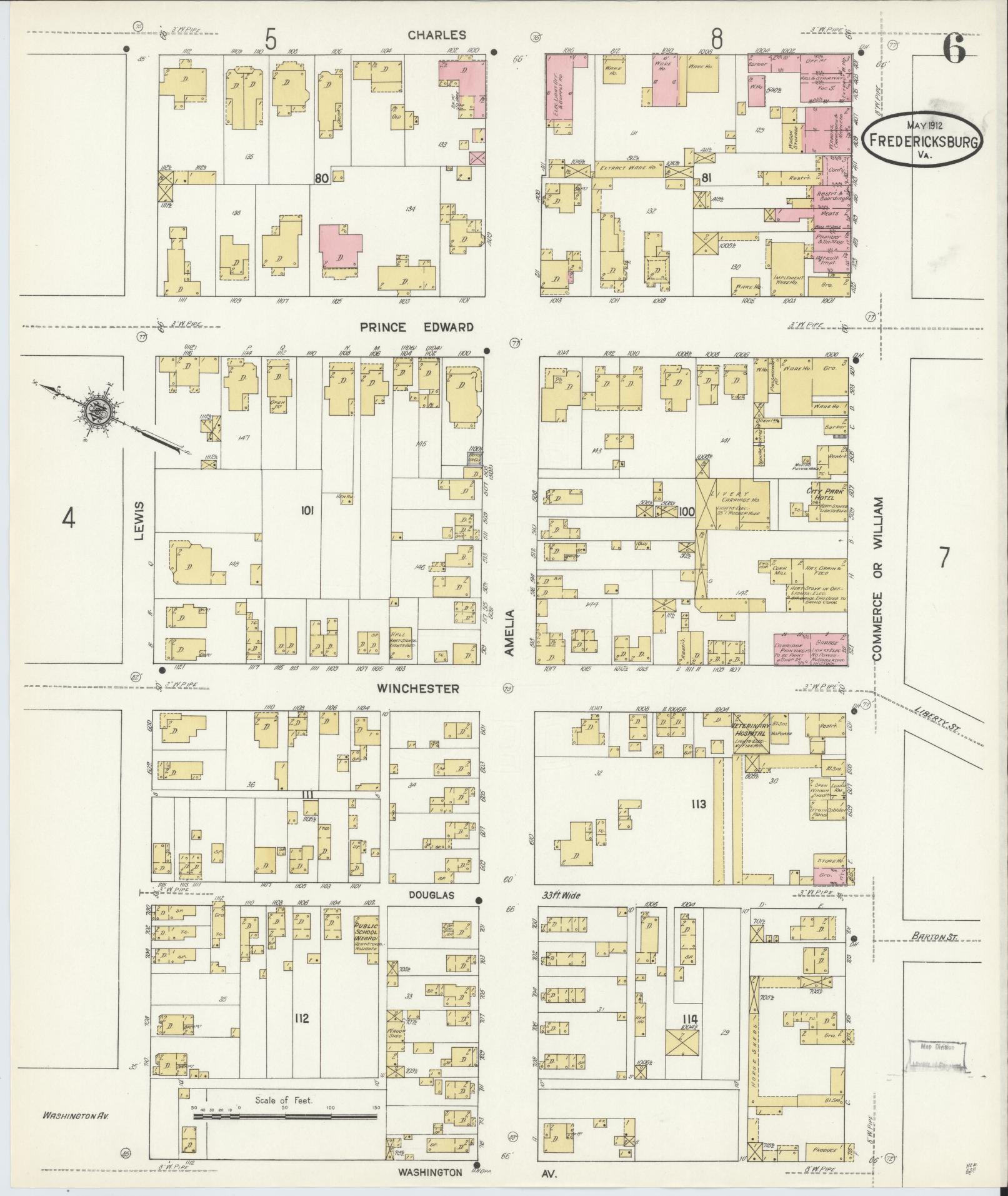 Sanborn Fire Insurance Map from Fredericksburg, Independent Cities, Virginia (1912), Sheet #0006 - Historic Sanborn Fire Insurance Map Print, vintage old map wall art, antique decor, genealogy gift, Virginia Virginia map