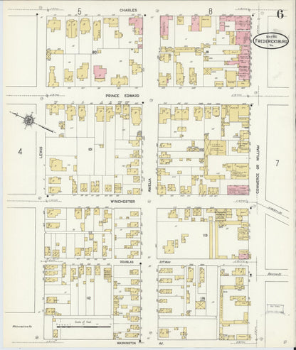 Sanborn Fire Insurance Map from Fredericksburg, Independent Cities, Virginia (1912), Sheet #0006 - Historic Sanborn Fire Insurance Map Print, vintage old map wall art, antique decor, genealogy gift, Virginia Virginia map