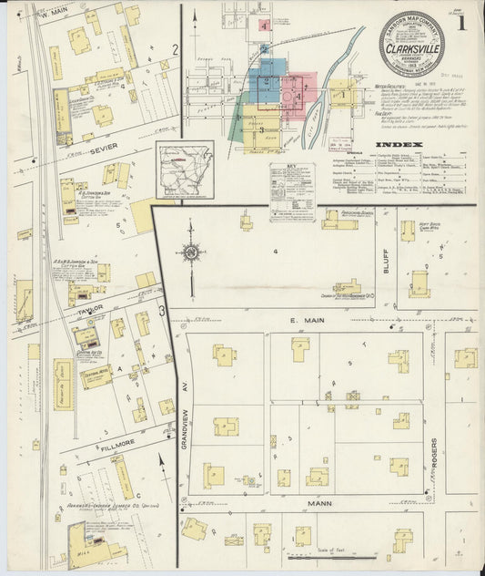 Sanborn Fire Insurance Map from Clarksville, Johnson County, Arkansas (1913), Sheet #0001 - Historic Sanborn Fire Insurance Map Print, vintage old map wall art, antique decor, genealogy gift, Arkansas Arkansas map