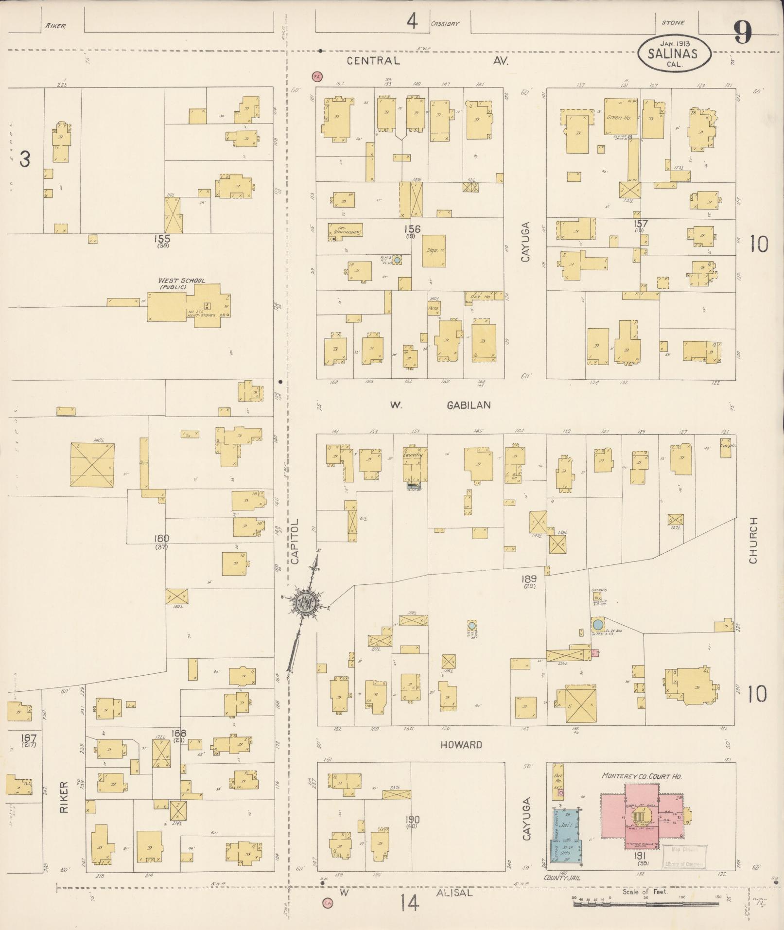 Sanborn Fire Insurance Map from Salinas, Monterey County, California (1913), Sheet #0009 - Complete Map Set gallery image, historic Sanborn map, vintage wall art, California California